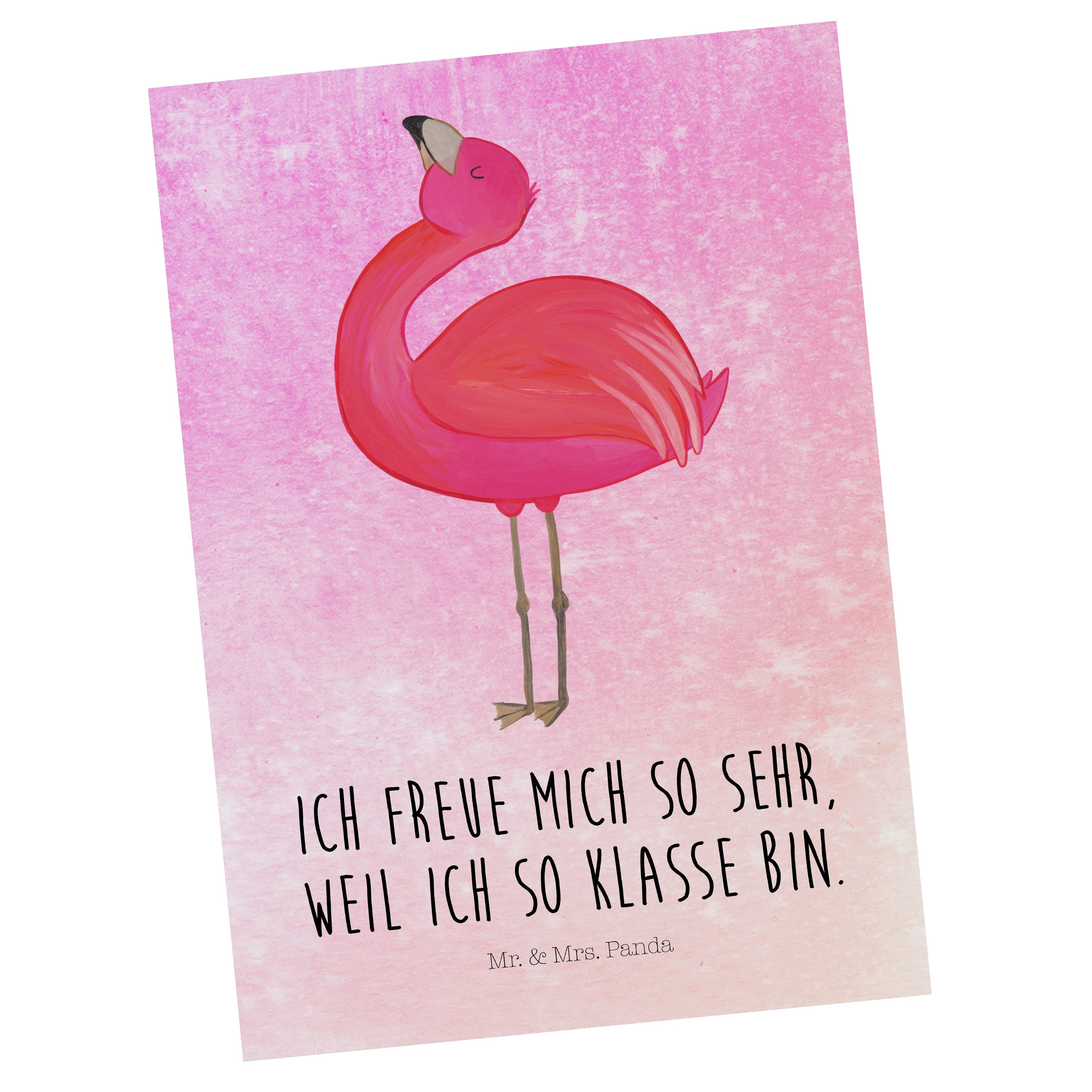 Mr. & Mrs. Panda Postkarte Flamingo stolz - Aquarell Pink - Geschenk, Selbstliebe, glücklich, Ei
