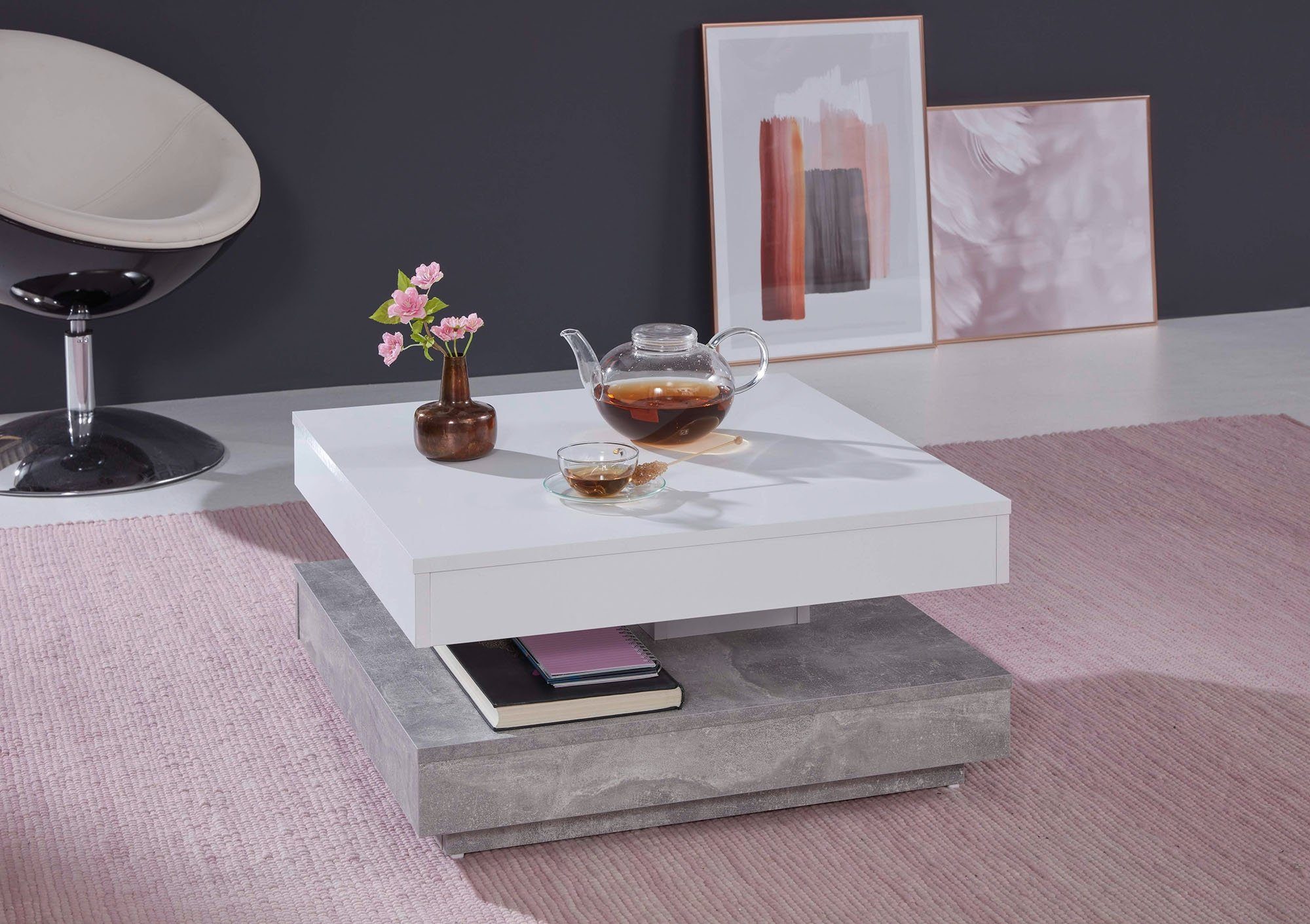 trendteam Couchtisch Malta, Weiß Beton Wohnzimmertisch Modern Landhaus Vintage Sofatisch Wohnzimmer