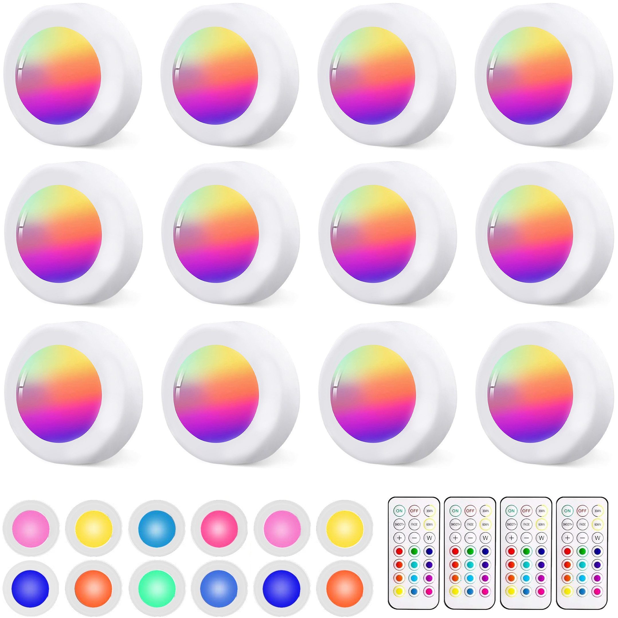 Luckice Unterschrankleuchte 3 Stück Batteriebetrieben LED RGB Spots mit Fernbedienung, RGB mit 13 Farbmodi, 13 Farbwechsel Kabellos Vitrinenbeleuchtung, Dimmbar Unterbauleuchte Küche LED Lampe zum Kleben Schranklicht, Nachtlicht mit Fernbedienung und Timi