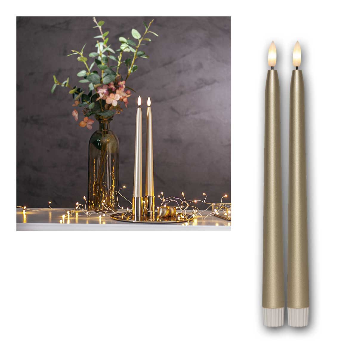 STAR TRADING LED-Kerze LED Stabkerzen "FLAMME METAL" 2er Set gold 28,5cm, warmweiß