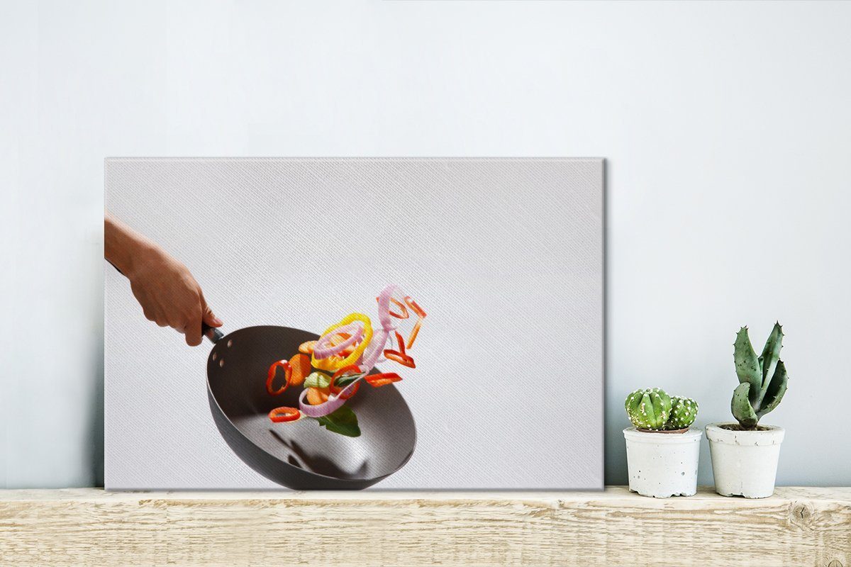 OneMillionCanvasses® Leinwandbild Geschmortes Leinwandbilder, Wok-Pfanne, Wanddeko, Wandbild einer Gemüse cm (1 Aufhängefertig, 30x20 St), in