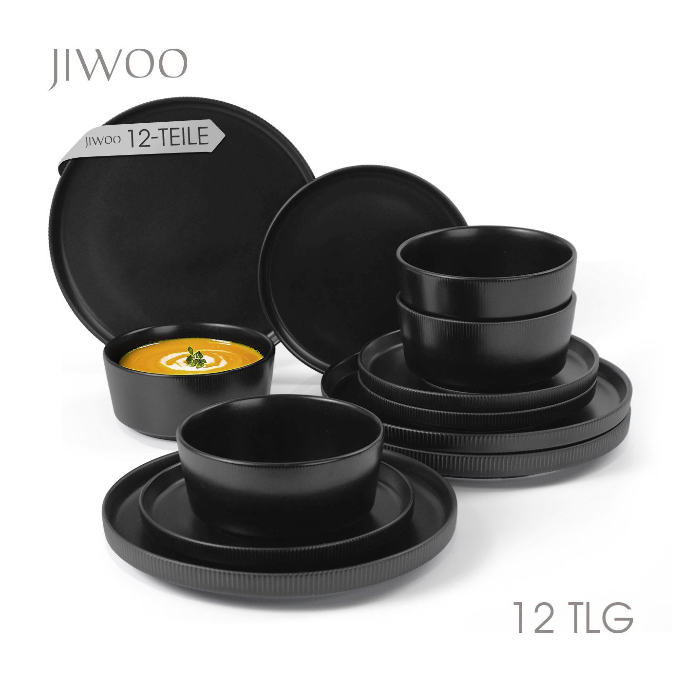 JIWOO Geschirr-Set 12tlg Kombiservice Teller-Set Tafelservice Schüssel-Set Speiseteller (12-tlg), 4 Personen, Keramik, Hochwertiges Geschirr set Schwarz Mikrowellen spülmaschinenfest