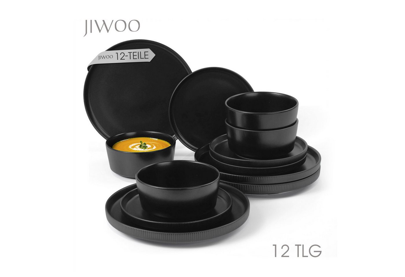 JIWOO Geschirr-Set 12tlg Kombiservice Teller-Set Tafelservice Schüssel-Set Speiseteller (12-tlg), 4 Personen, Keramik, Hochwertiges Geschirr set Schwarz Mikrowellen spülmaschinenfest
