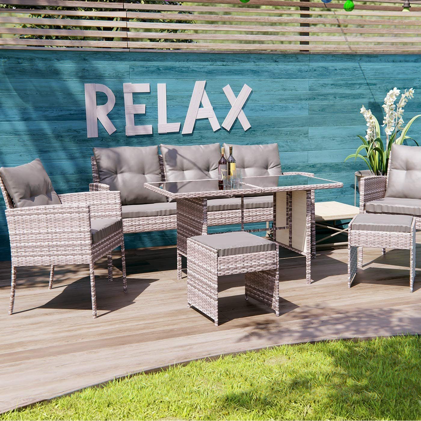 Swing&Harmonie Sitzgruppe Poly Rattan Sitzgarnitur Sydney Esstisch Lounge Gartenmöbel Garten-Garnitur Set, (1x Tisch + 2x Стільці + 1x Sitzbank + 2x Табурети)