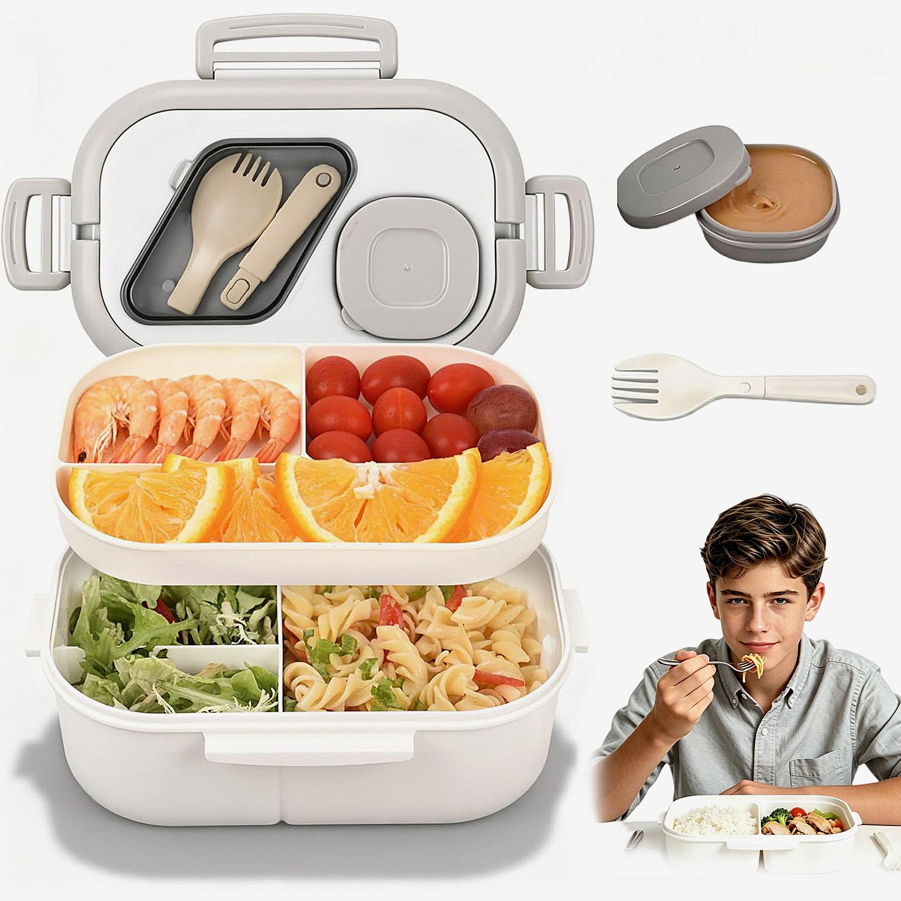 Mutig Lunchbox Brotdose Lunchbox Büro, auslaufsichere mit Fächern 1200 m, (Große Bento Box mit Doppelschichtig 3 Fächern & Besteck & Saucenbox, BPA-Frei, Wiederverwendbar & mikrowellengeeignet), für Schule Arbeit Männer Frauen & Kinder, Unterwegs