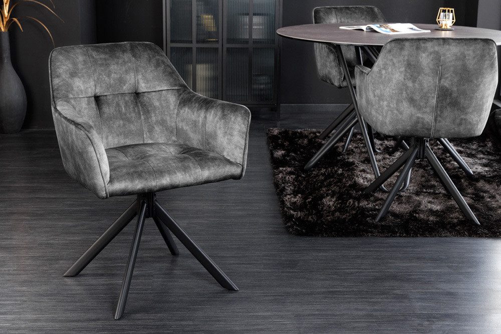 riess-ambiente Esszimmerstuhl LOFT dunkelgrau/schwarz – Samt, drehbar, Metall-Füße, mit Armlehne (Einzelartikel, 1 St), mit 180° Drehfunktion und Autoreturn – ideal für Dein Esszimmer