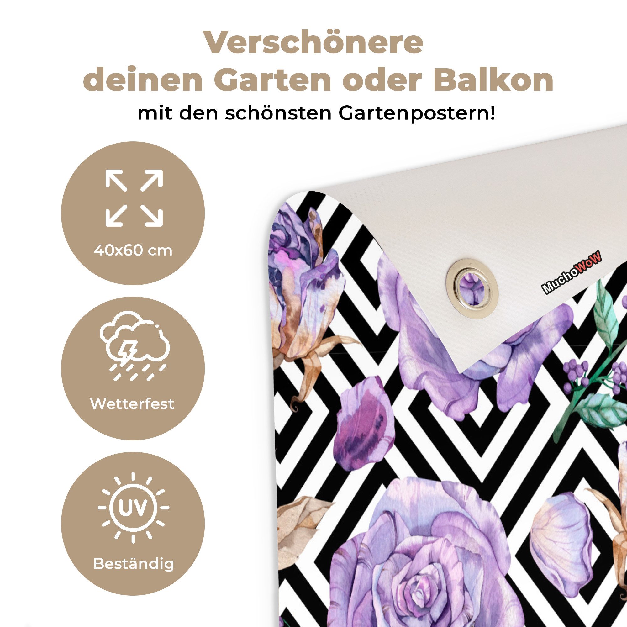 OnlyWow Poster für Garten Blumen - Rosen - Lila, Gartenposter, Outdoor Bilder, Terrasendeko Banner, 40x60 cm