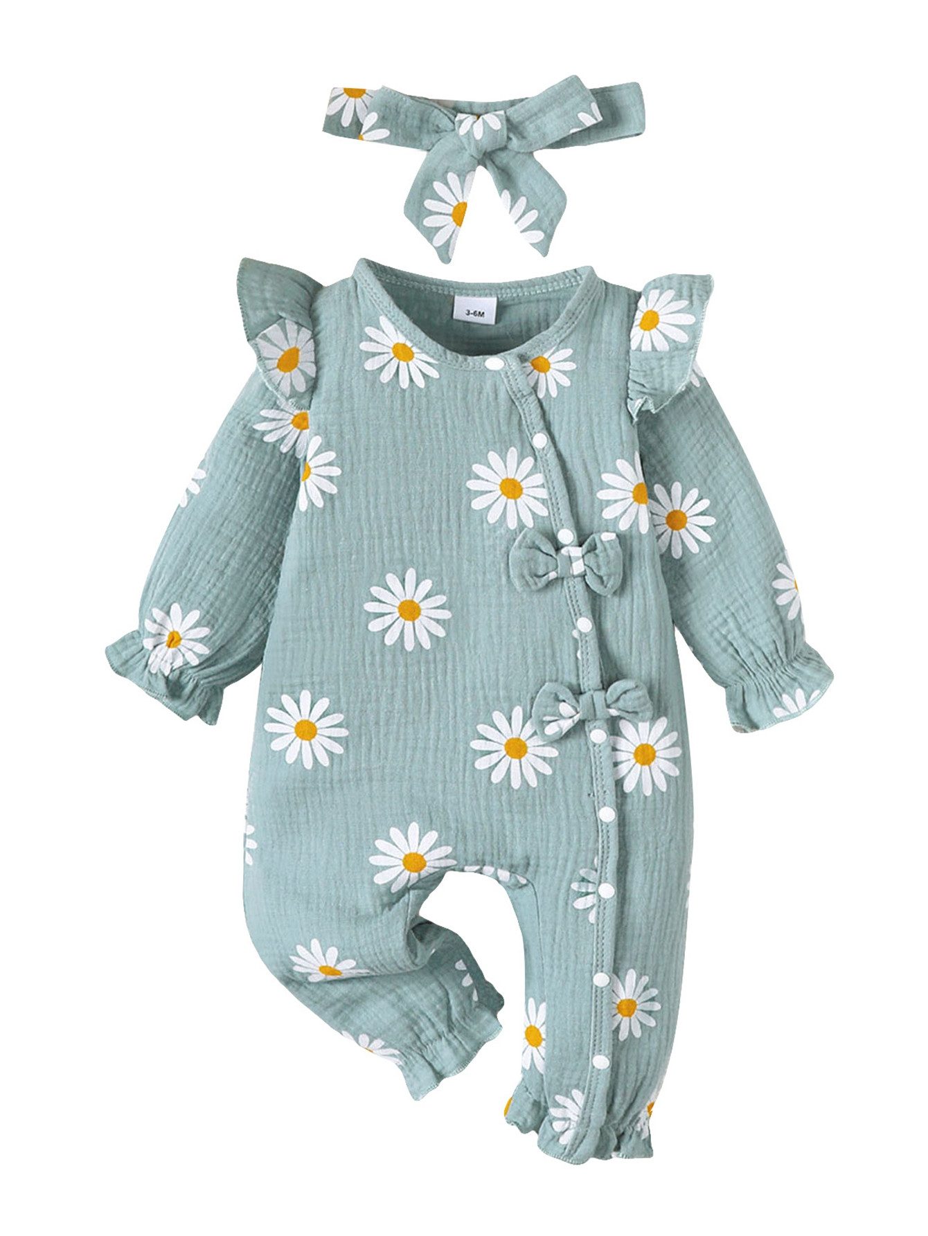 Gluckids Strampler Säuglingskleid mit Blumenmuster und Haarband, 100 % Baumwolle (2-tlg) Mit Knöpfen, Mit Spitzenkantchen