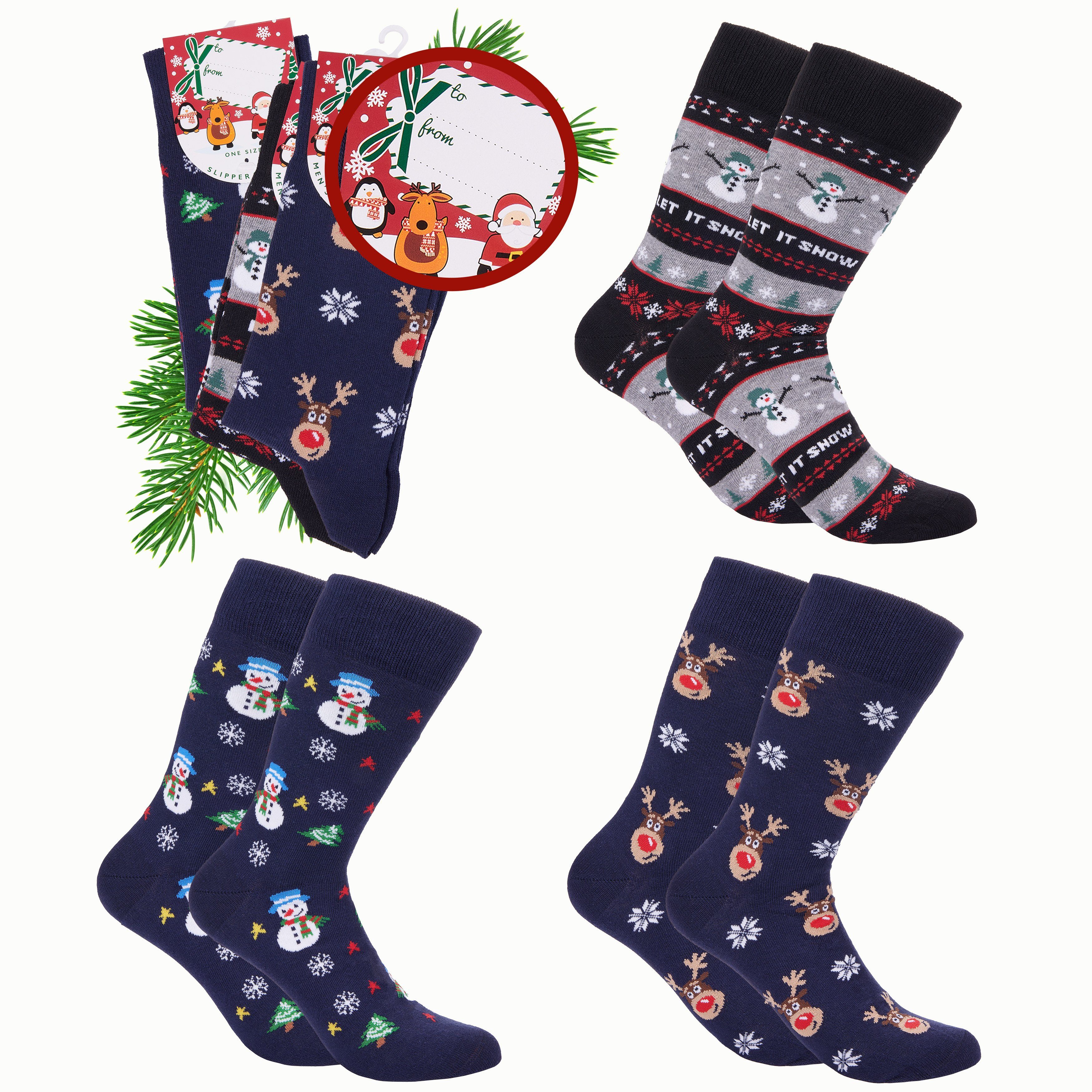 BRUBAKER Socken Weihnachtssocken - Lustige Socken für Damen und Herren (3-Paar, Unisex Baumwollsocken) Schneemann, Rentier und Let It Snow