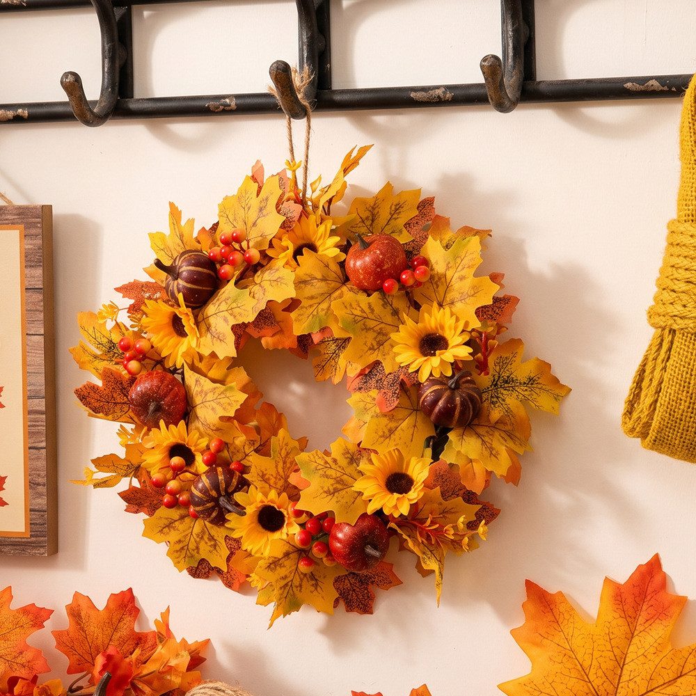Sorvyzxn Dekokranz Herbstkranz 48 cm, Türkranz mit Ahornblättern für Halloween, Mit Sonnenblumen, Kürbissen & Beeren für Herbst- und Halloween Deko – Bild 5 von 5