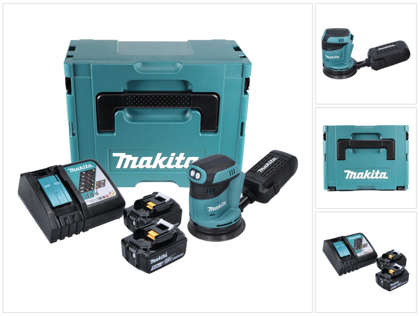 Makita Akku-Exzenterschleifer DBO 180 RTJ 18 V 125 mm + 2x Akku 5,0 Ah + Ladegerät + Makpac