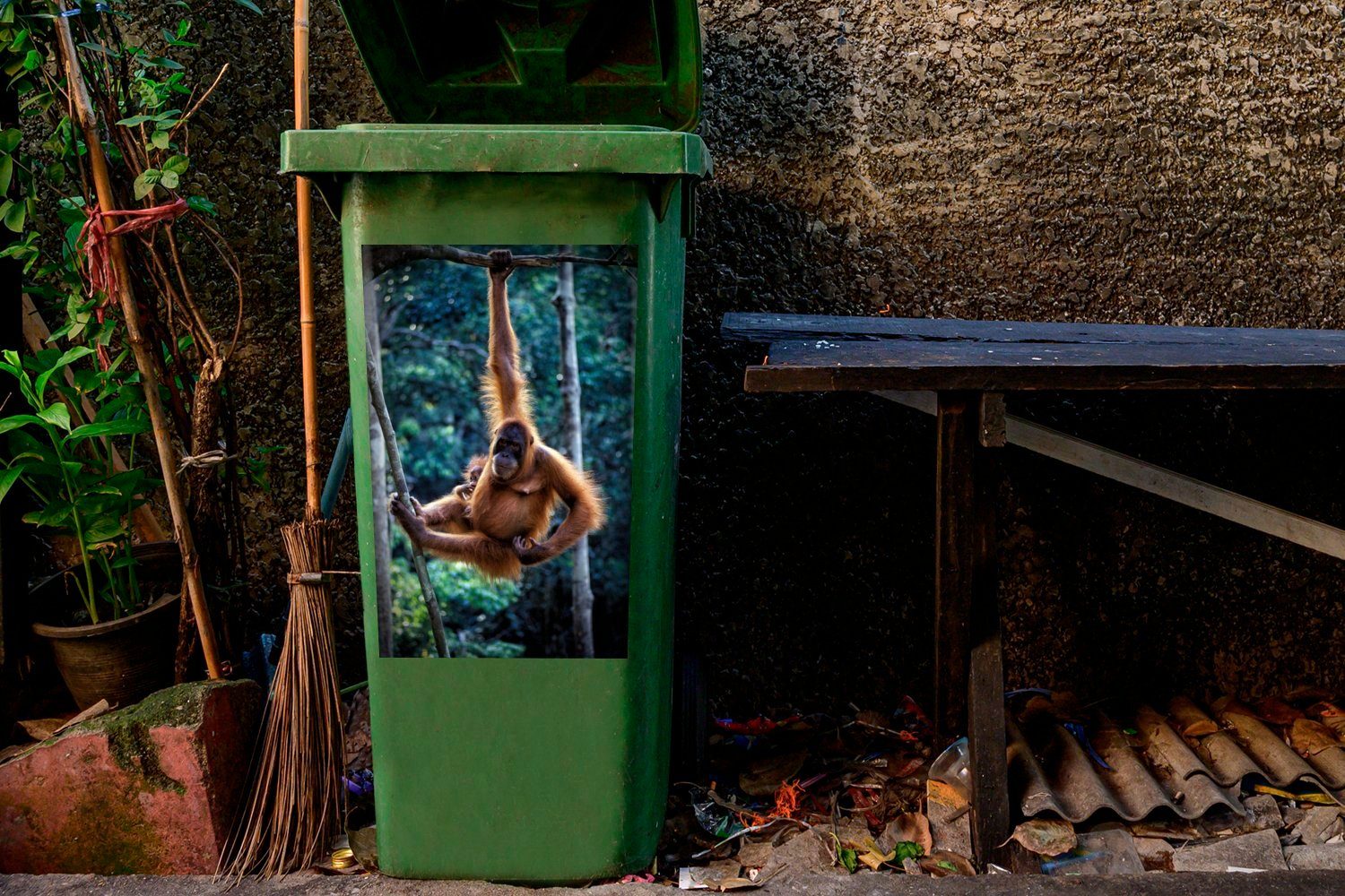 Tanjung Mülltonne, und Abfalbehälter MuchoWow National Park (1 Container, St), im Baby Orang-Utan Wandsticker Puting Sticker, hängen Mülleimer-aufkleber,