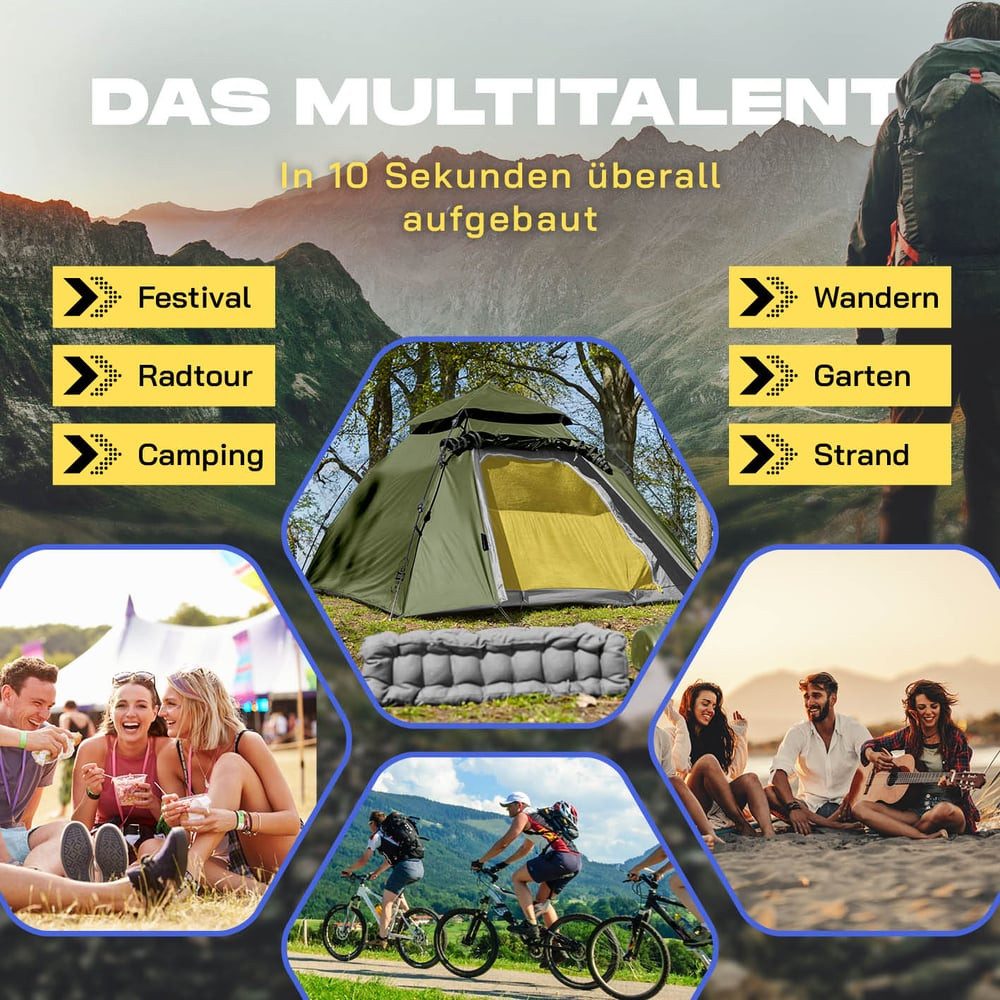 Lumaland Kuppelzelt Pop Up in 10 Sekunden aufgebaut, Wurfzelt Camping Festival 215x195x120cm robust wasserfest