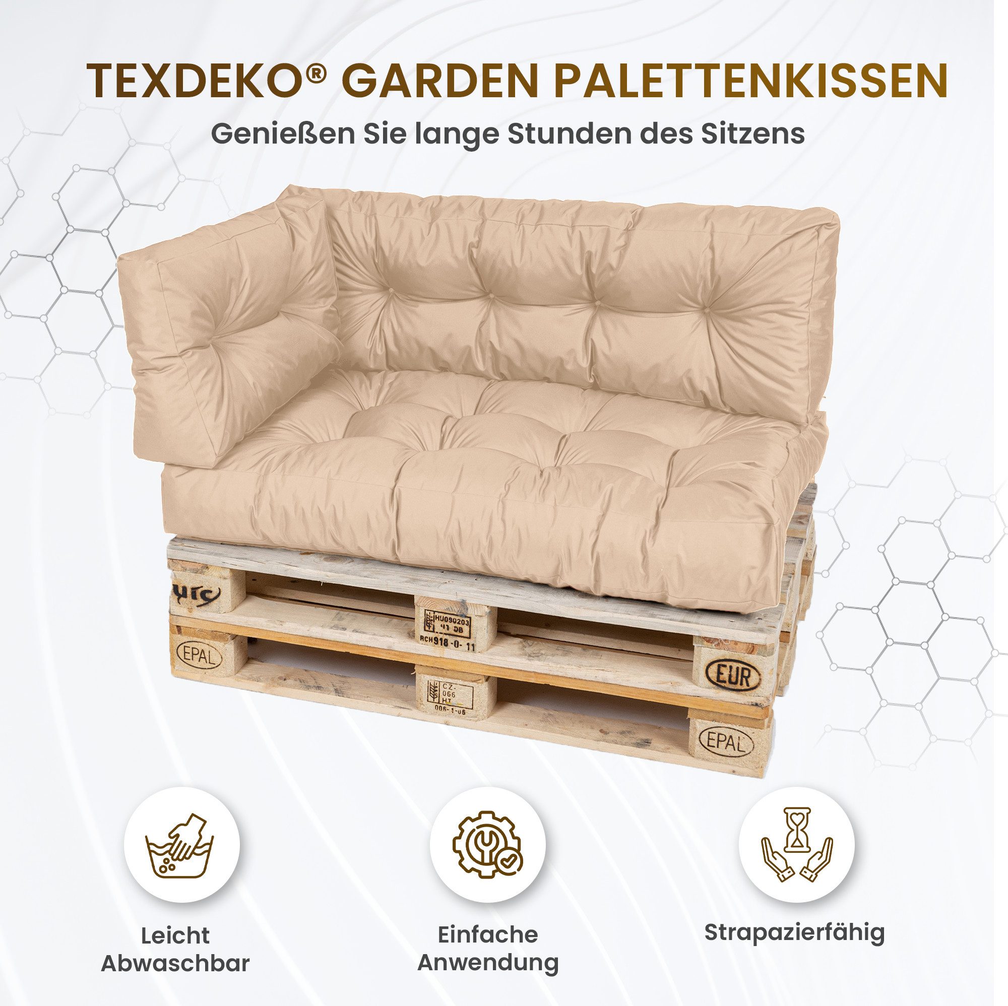TexDeko Palettenkissen TexDeko Garden 5-TLG Palettenkissen-Set wasserabweisend gesteppt, 2x Palettenkissen + 2x Rückenkissen + 1x Seitenkissen