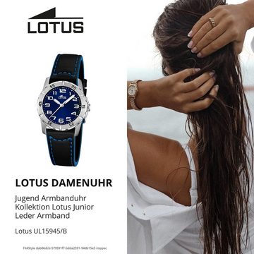 Lotus Quarzuhr Lotus Jugend Uhr Sport L15945/B Leder, Jugend Armbanduhr rund, (ca. 31,6mm), Lederarmband schwarz, hellblau