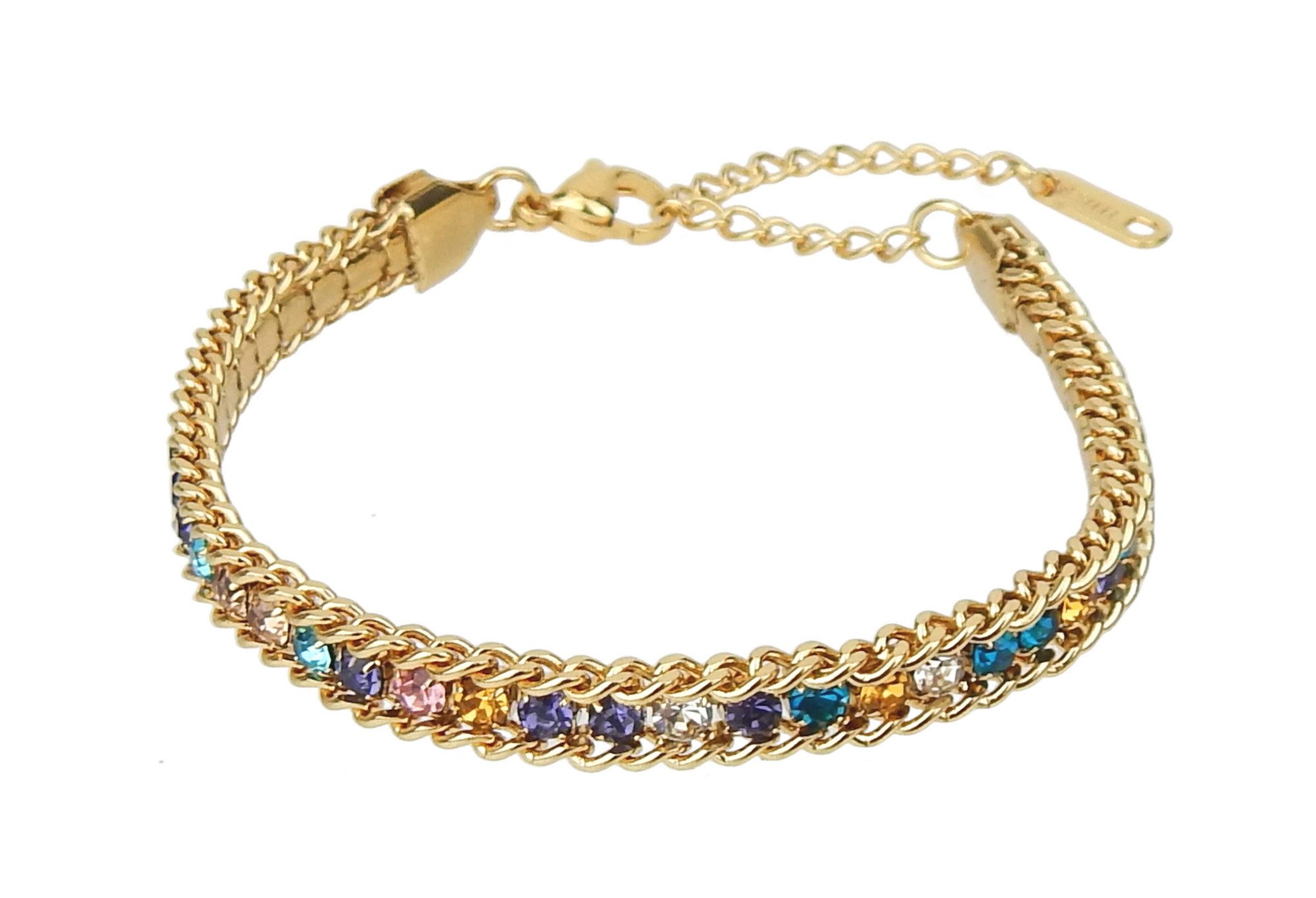 Ella Jonte Armband, aus Edelstahl goldfarben mit bunten Strasssteinen - Verstellbar