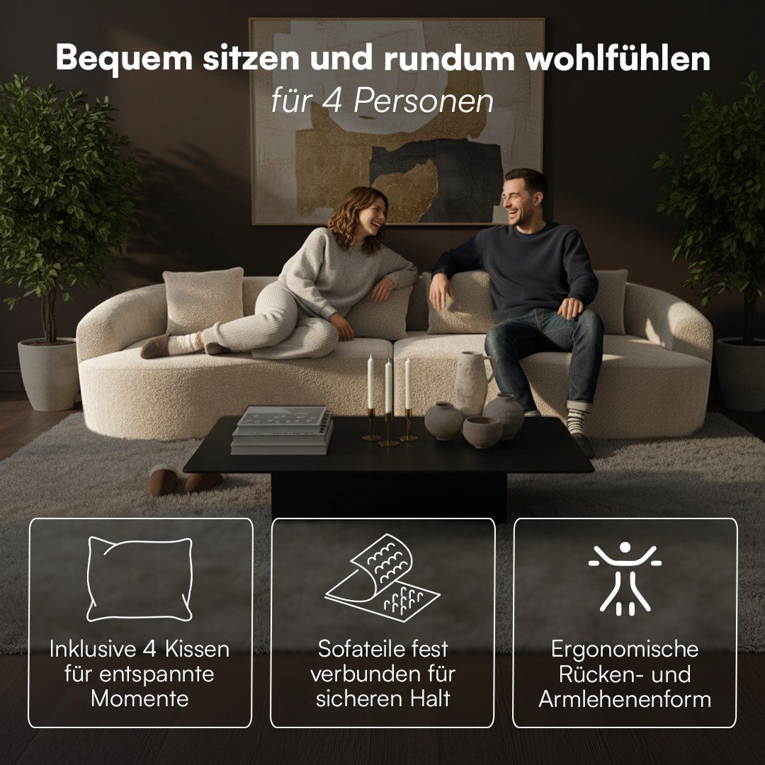 skølm Sofa Loki aus Teddy-Bouclé-Stoff, Vollschaumcouch mit Vakuum-Kompression, Beige, Couch 4 Sitzer mit 4 Kissen, kein Aufbau notwendig