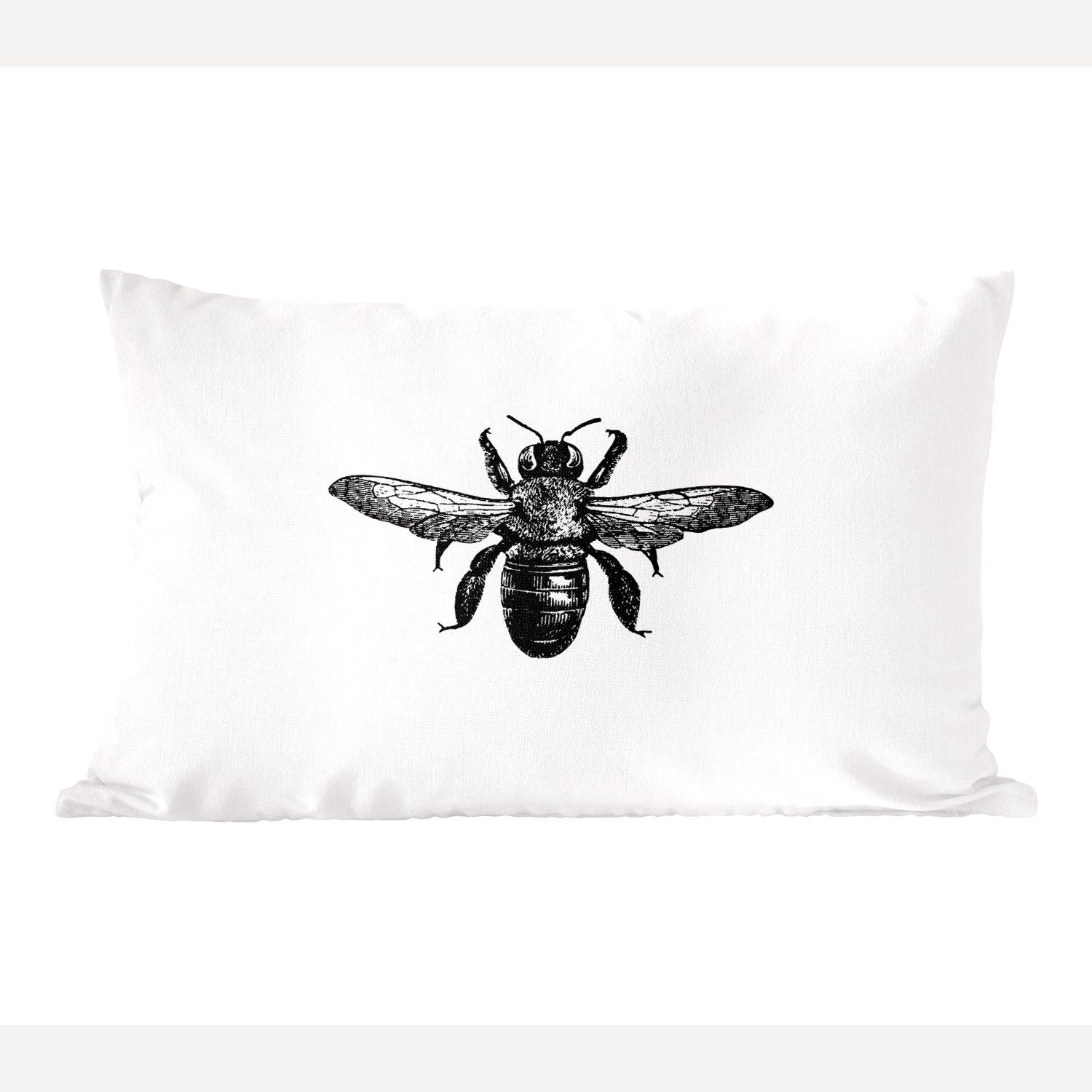MuchoWow Dekokissen Biene - Insekt - Vintage - Schwarz und weiß, Wohzimmer Dekoration, Zierkissen, Dekokissen mit Füllung, Schlafzimmer