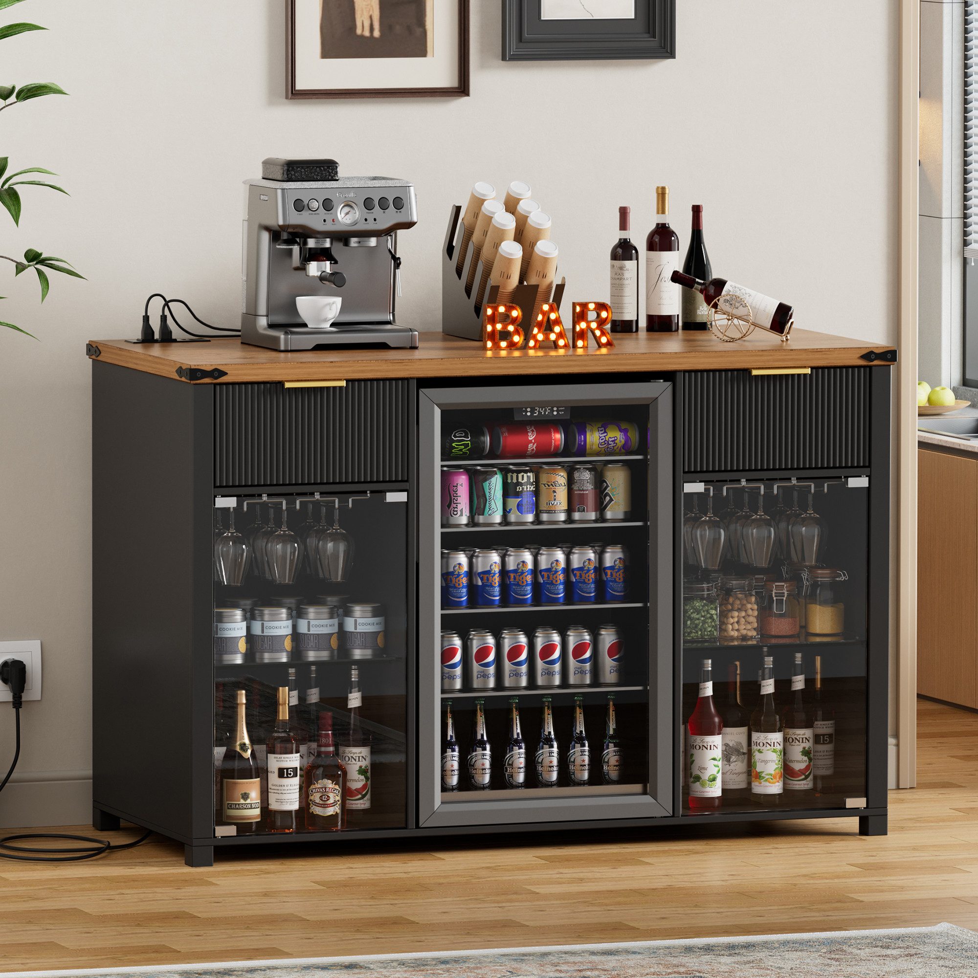 PEALOV Barschrank 3-in-1 Barschrank mit LED, Weinregal und Steckdosen, 135 x 50 x 98 cm (1-St) Buffetschrank mit Stauraum für Mini-Kühlschrank, Küche & Wohnzimm – Bild 5 von 5