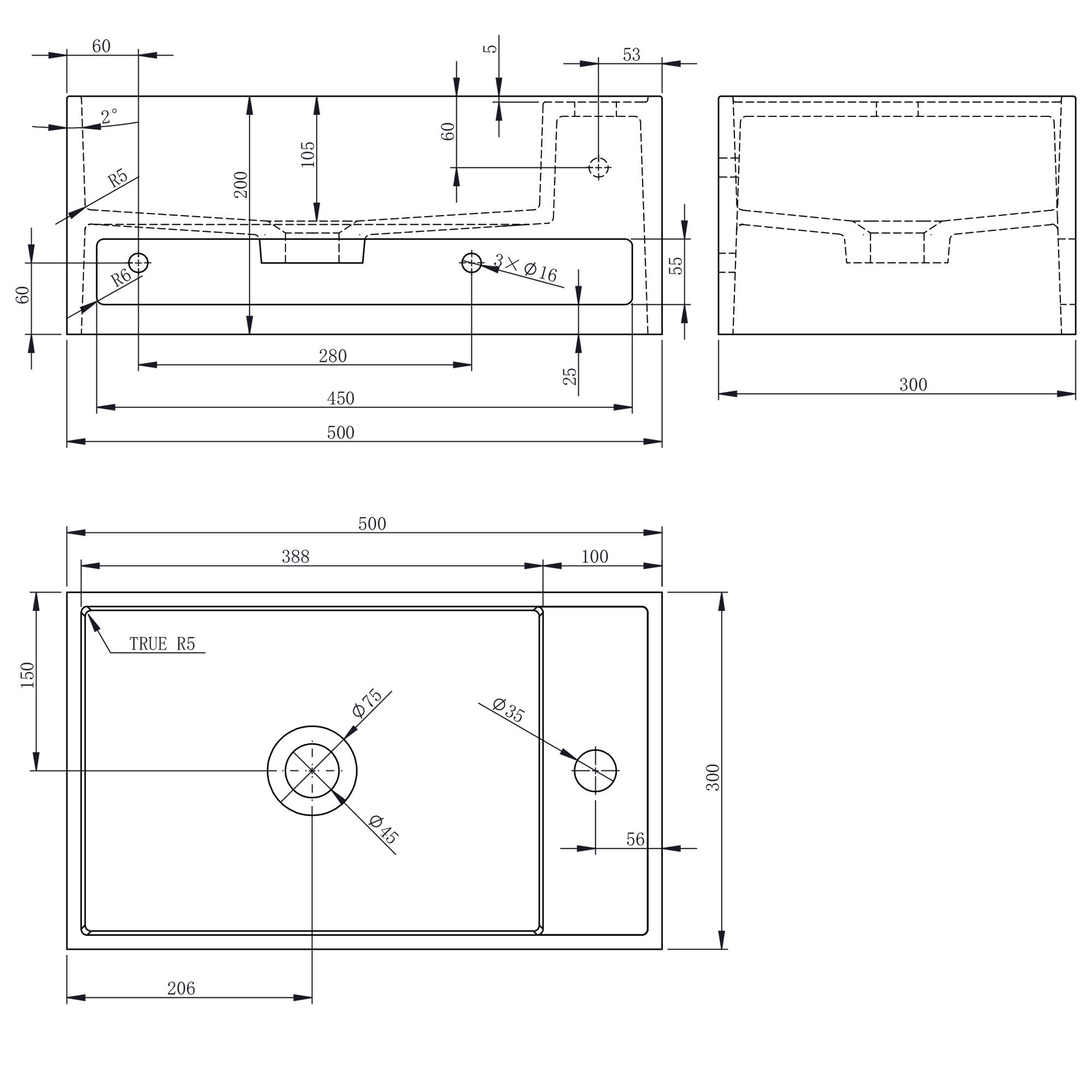 Bernstein Waschbecken PB2077, aus Mineralguss - 50 x 30 x 20 cm - Weiß matt