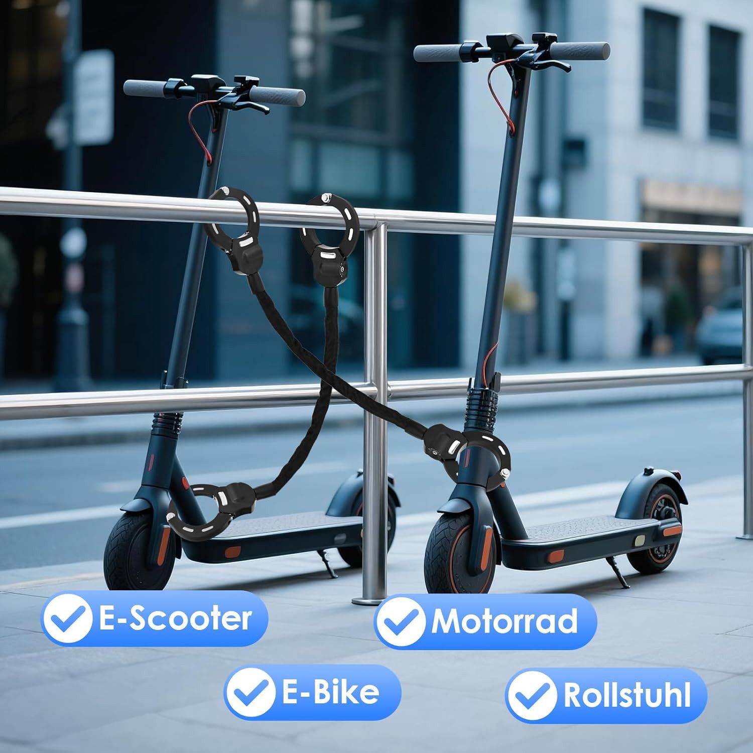 wohnTRAUM24 Kettenschloss E Scooter Schloss,Fahrradschloss für E Scooter mit Gummi-Lock-Hülse (Set, 1-tlg., Kratzschutz, inkl. 3 Schlüssel), Universalität, 360° – Bild 3 von 5