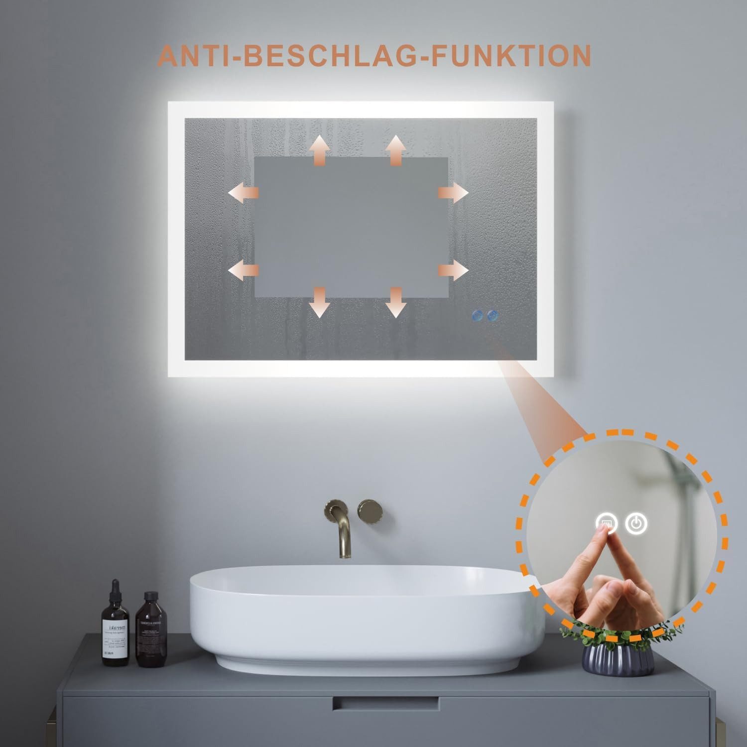 AQUALAVOS Badspiegel LED Badspiegel mit Beleuchtung Kaltweiß 50x70 80x60 100x70cm Dimmbar, Kaltweiß Touchschalter Wandspiegel Horizontal & vertikal montierbar – Bild 4 von 5
