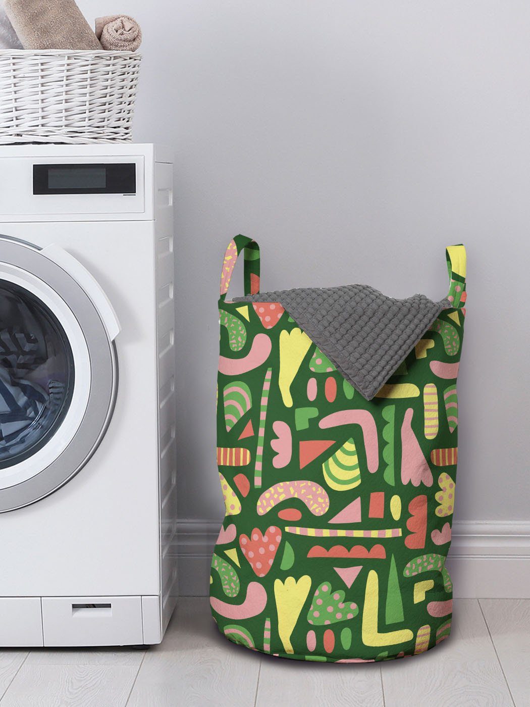 Unregelmäßige Abakuhaus Wäschekorb Kordelzugverschluss Hipster Griffen Wäschesäckchen bunte mit Formen für Waschsalons,