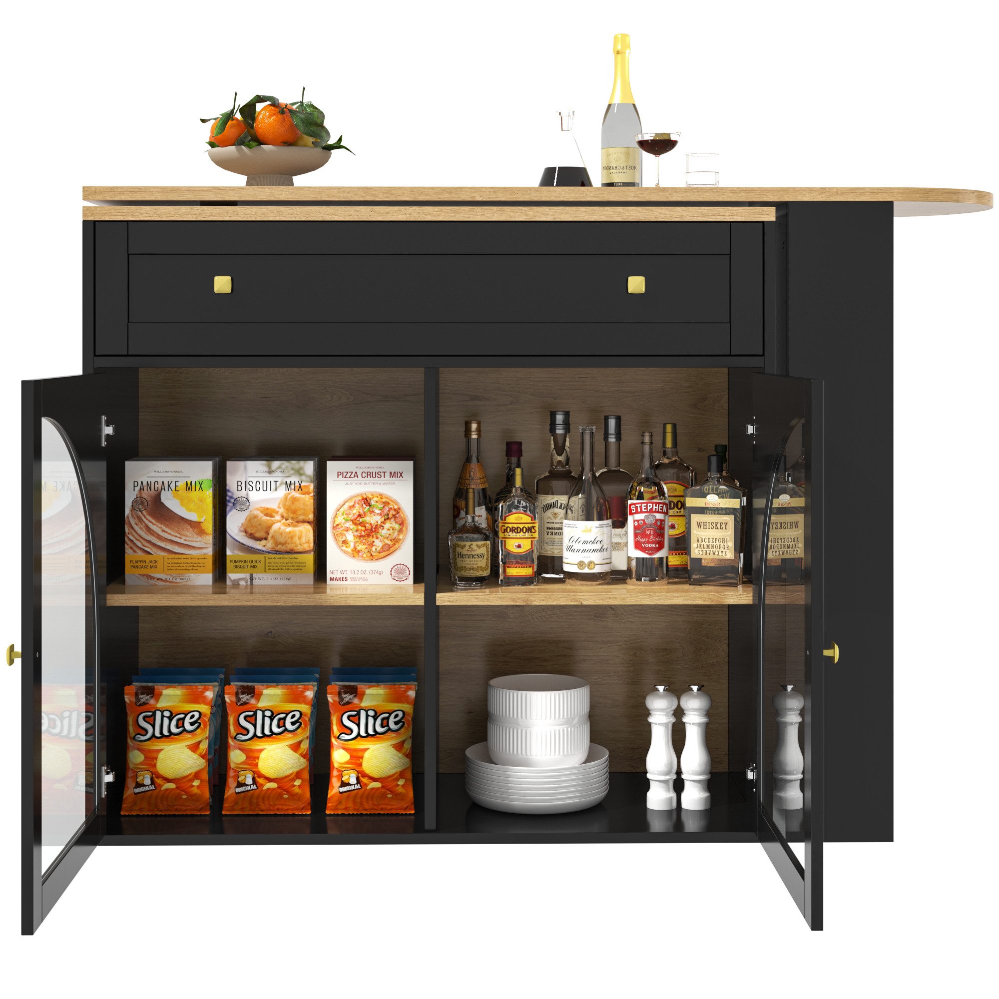 Flieks Bartisch 360° drehbar Stehtisch mit Kommode (Länge 138-204 cm, 1-St., mit verstellbare Einlegeböden), ausziehbar Esstisch mit Glastüren und Schubladen Sideboard Bistrotisch