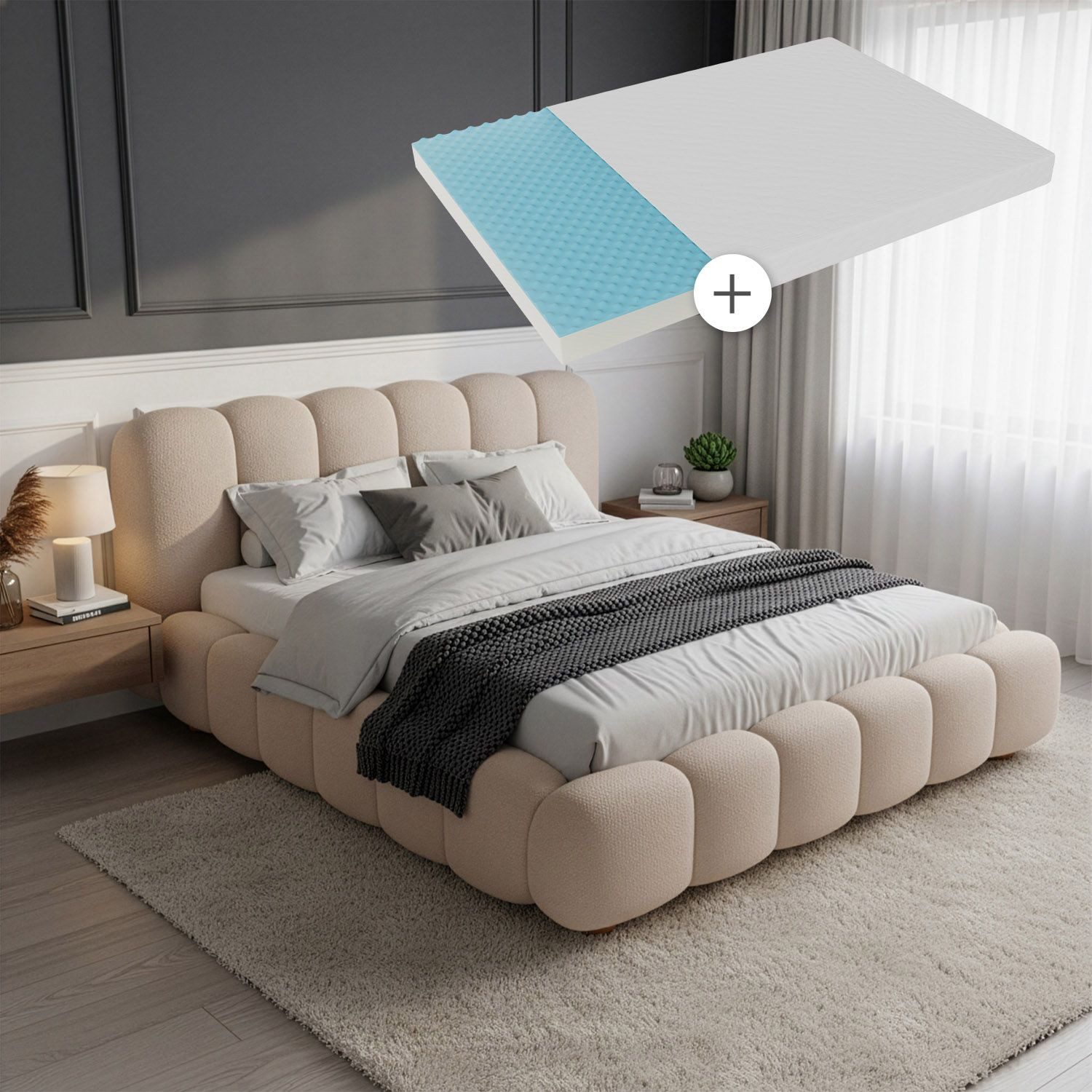 Juskys Polsterbett Catania, Mit Matratze, gepolstertes Kopfteil, Bubble Design, Bouclé Stoff