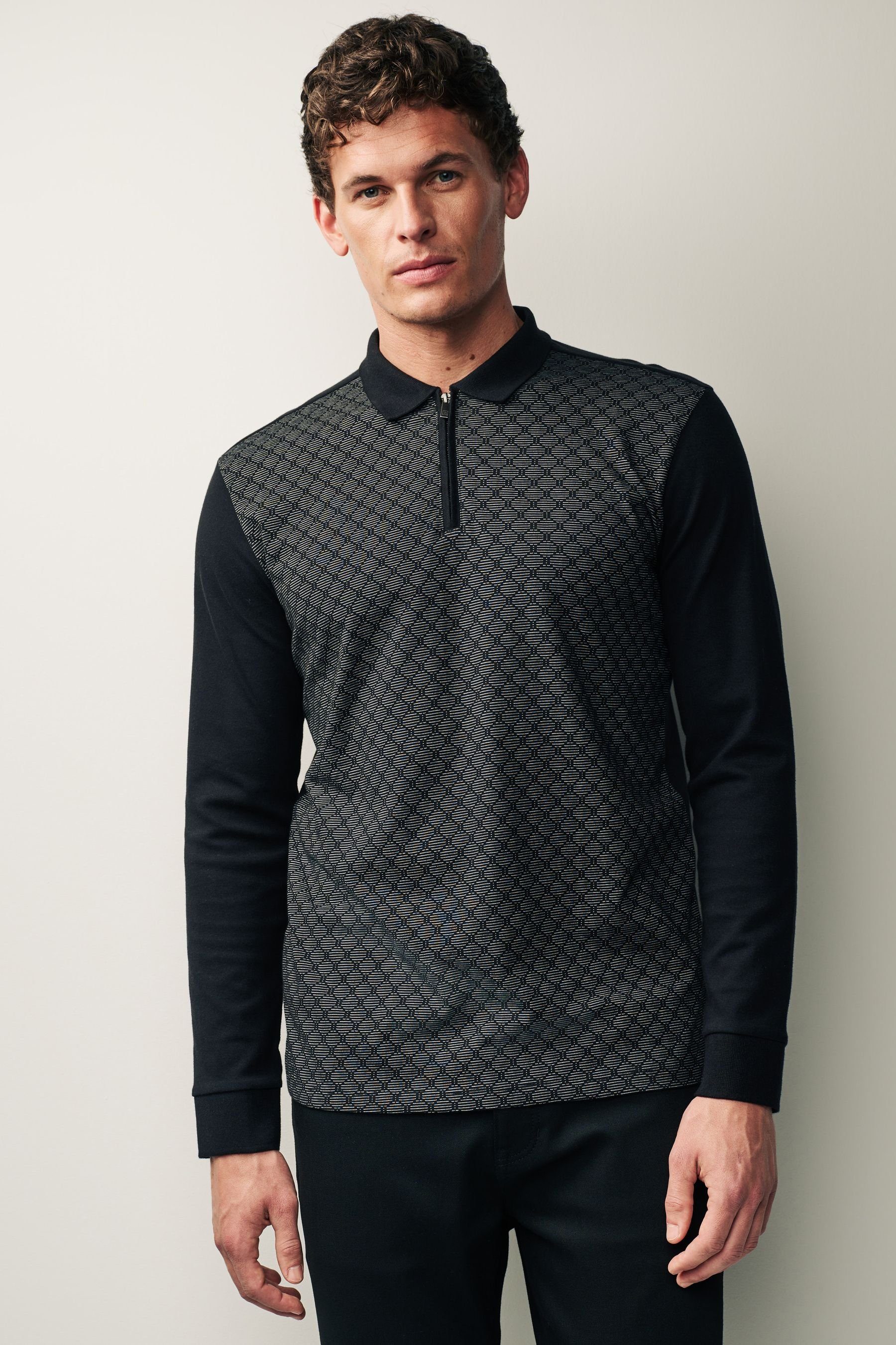 Next Langarm-Poloshirt Strukturiertes, langärmeliges Diamond Polohemd Black (1-tlg)