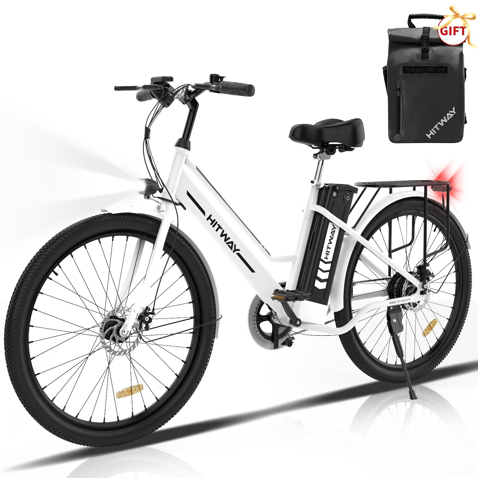 HITWAY E-Bike E-Fahrrad Heckmotor, Batterieladegerät/ 25km/h,35-70KM, für 36V Pumpe/Fahrradschloss weiss-tasche Zoll Damen 8.4AH Herren 26