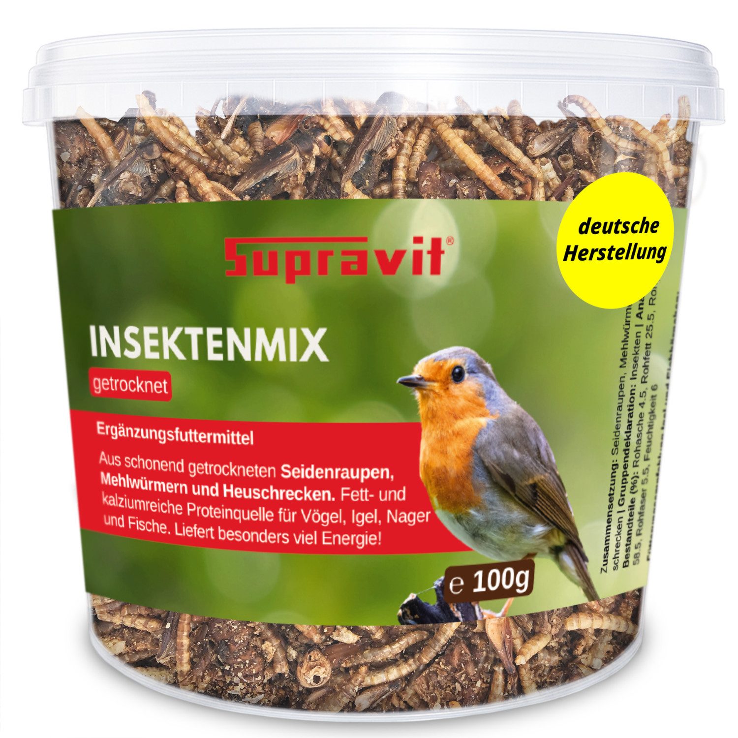 Supravit Insekten Mix 100g - getrocknetes Insektenfutter für Vögel & Igel, Ergänzungsfutter für: Wildvogel