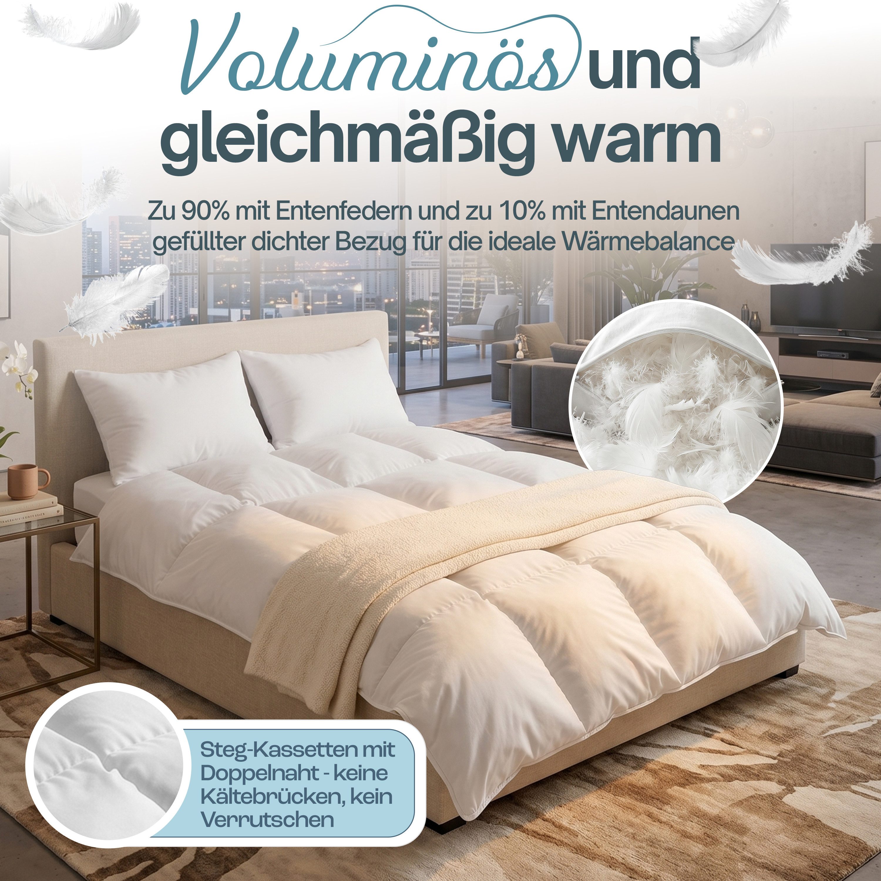 Nachtengel Daunenbettdecke Federdecke 135x200 Ganzjahresdecke Bettdecke Duvet, Füllung: 90% Entenfedern und 10% Entendaunen, Bezug: 100% Baumwollbezug, atmungsa – Bild 4 von 5