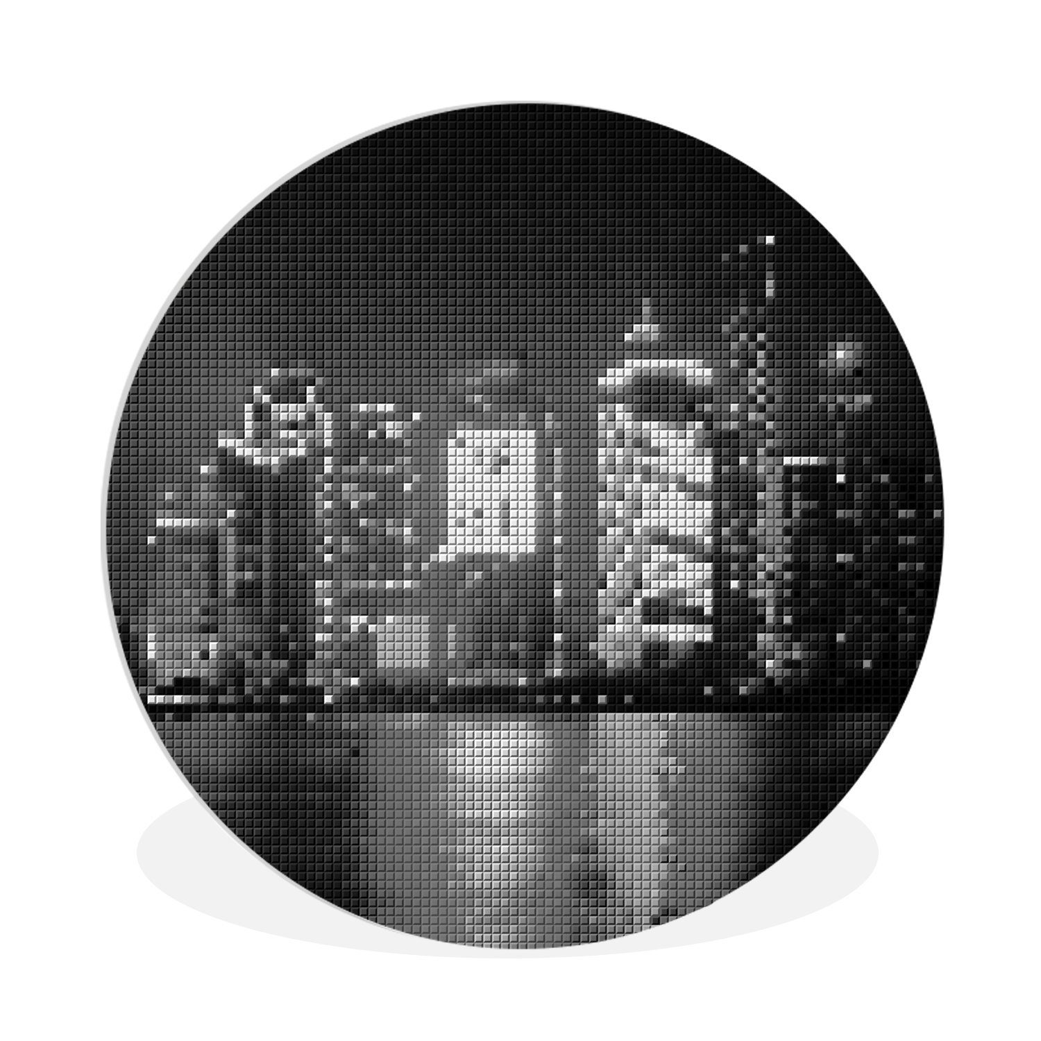 MuchoWow Gemälde Mosaikmuster einer Stadt bei Nacht - schwarz und weiß, (1 St), Kreis Wanddekoration Forex, Rundes Wandbild, Wohnzimmer, 30x30 cm