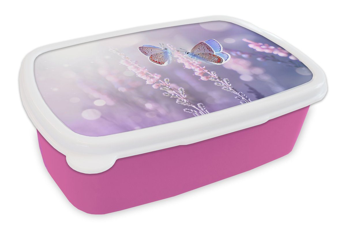 MuchoWow Lunchbox Schmetterling - Lavendel - Blumen - Lila, Kunststoff, (2-tlg), Brotbox für Erwachsene, Brotdose Kinder, Snackbox, Mädchen, Kunststoff rosa