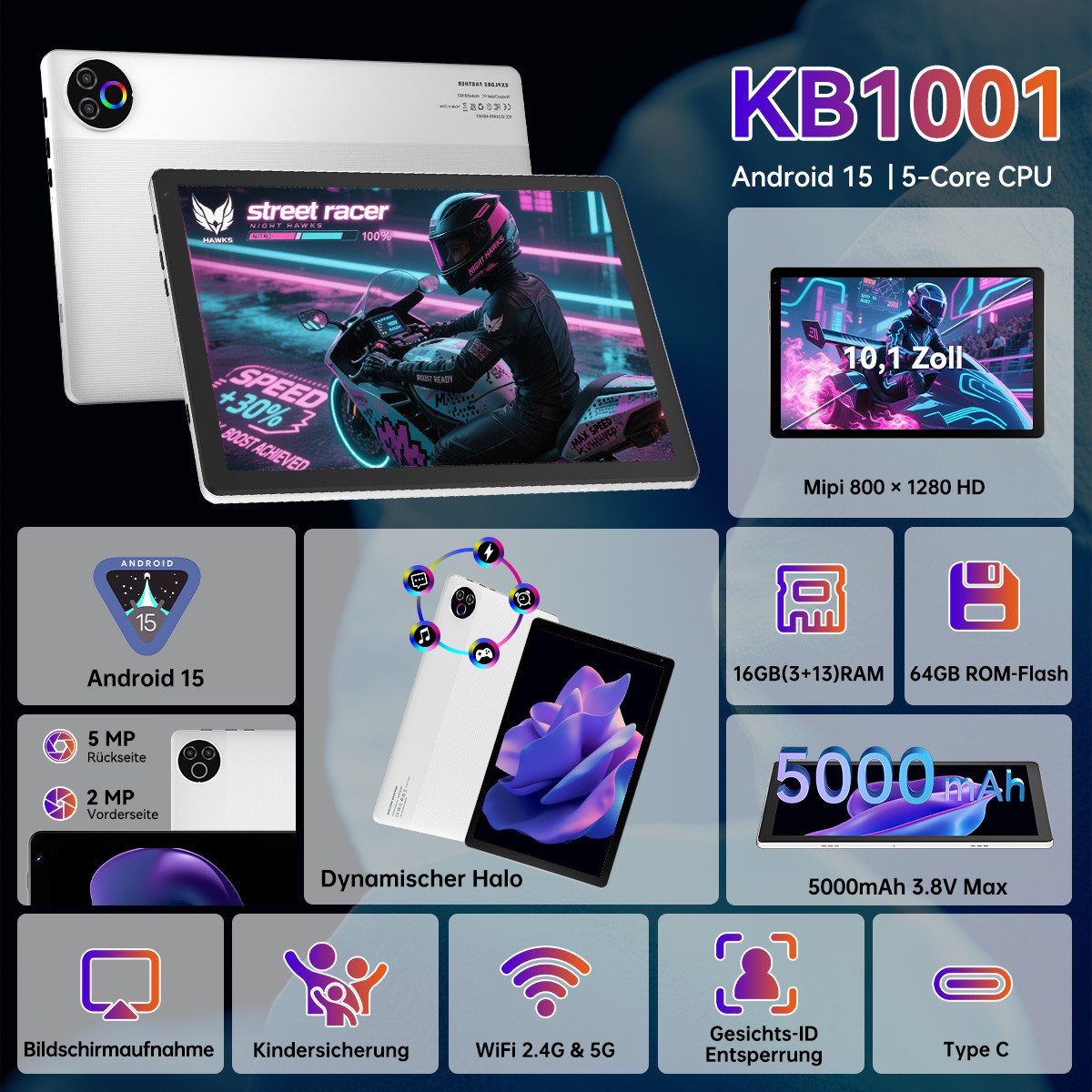 BUFO 10 Zoll 20 (3+17) GB RAM 64 GB ROM 1 TB Erweiterbar WiFi 6 Android 15 Tablet (10", 64 GB, Android 15, Dual-band (5GHz/2.4GHz) Wi-Fi, 5-Kern-Prozessor, 1280x800 HD IPS, Dual-Kamera)