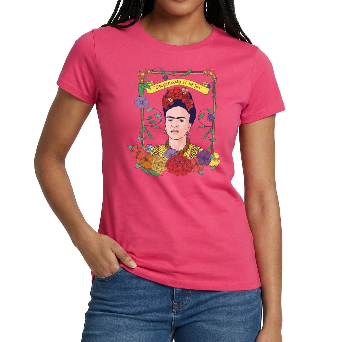 Spreadshirt T-Shirt Frida Kahlo Mit Rahmen Aus Bunten Blumen Frauen T-Shirt (1-tlg)