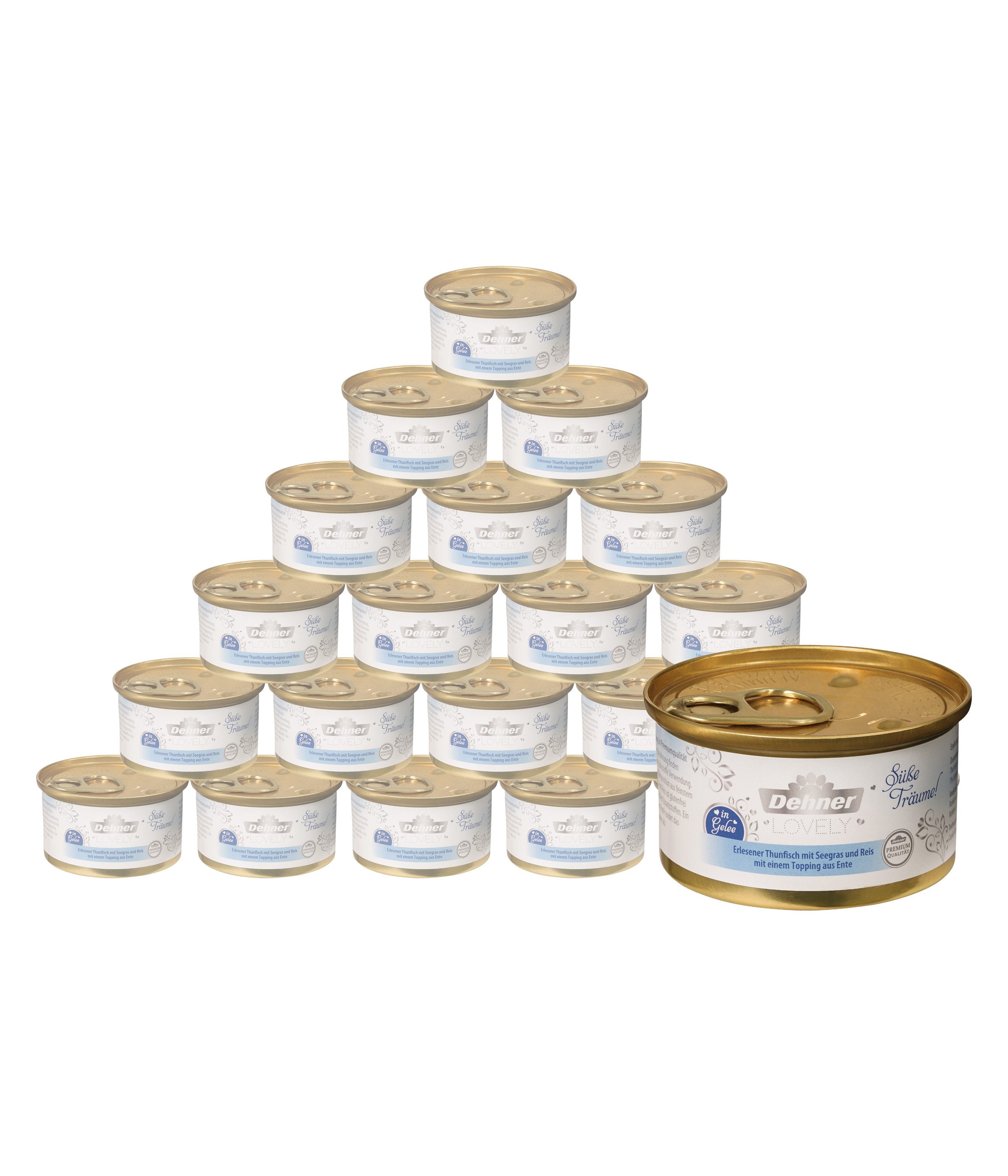 Dehner Premium Lovely Adult, Thunfisch / Ente in Gelee, 24 x 85 g Dose Thunfisch, Nassfutter für: Katze, Nassfutter für ausgewachsene Katzen, glutenfrei, mit Reis