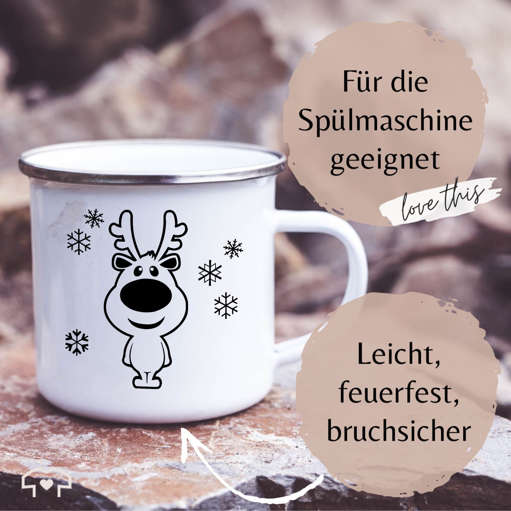 Weiß Weihnachtstasse 2 Rentier Stahlblech, Tasse Schneeflocken Silber Shirtracer schwarz,