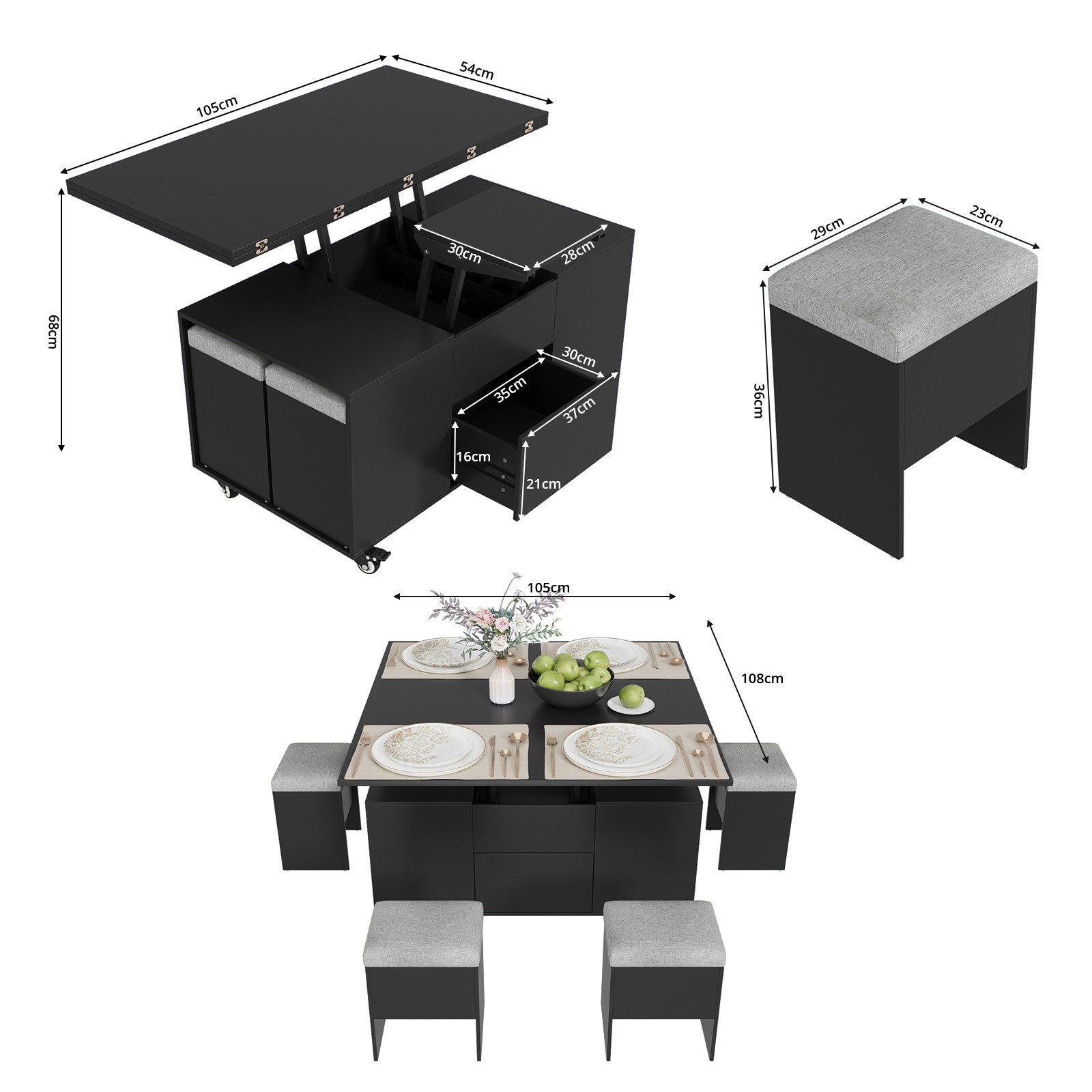 VOWNER Couchtisch mit klappbarer Tischplatte – 4-in-1 Multifunktions Wohnzimmertisch (1-St), höhenverstellbar für verschiedene Anwendungen – Bild 2 von 5