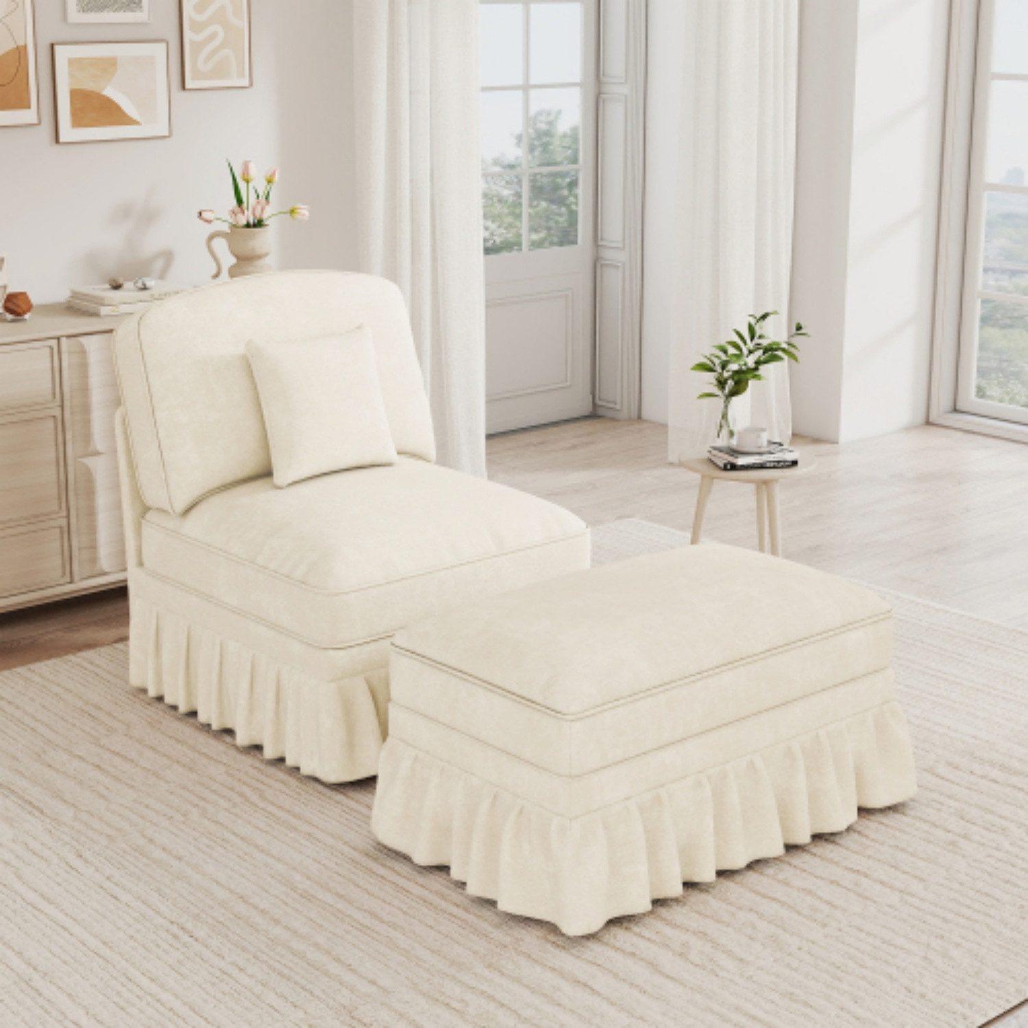 ANYSUN Loungesessel Relaxstuhl mit Hocker & Kissen, für Wohn- und Schlafzimmer (bestehend aus Sessel und Hocker), Chenille-Bezug, abnehmbarer Volant, tiefer Sitz, belastbar bis 230 kg