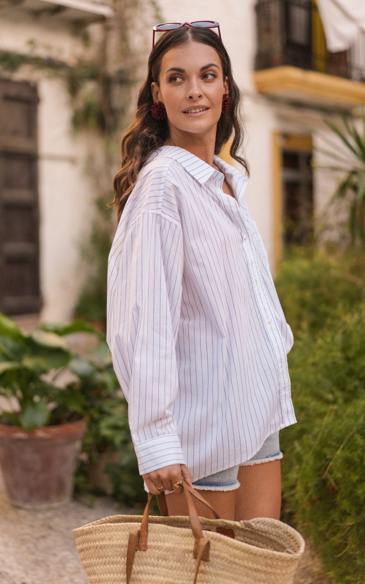 Charis Moda Hemdbluse Bluse Streifen Oversize Baumwollhemd