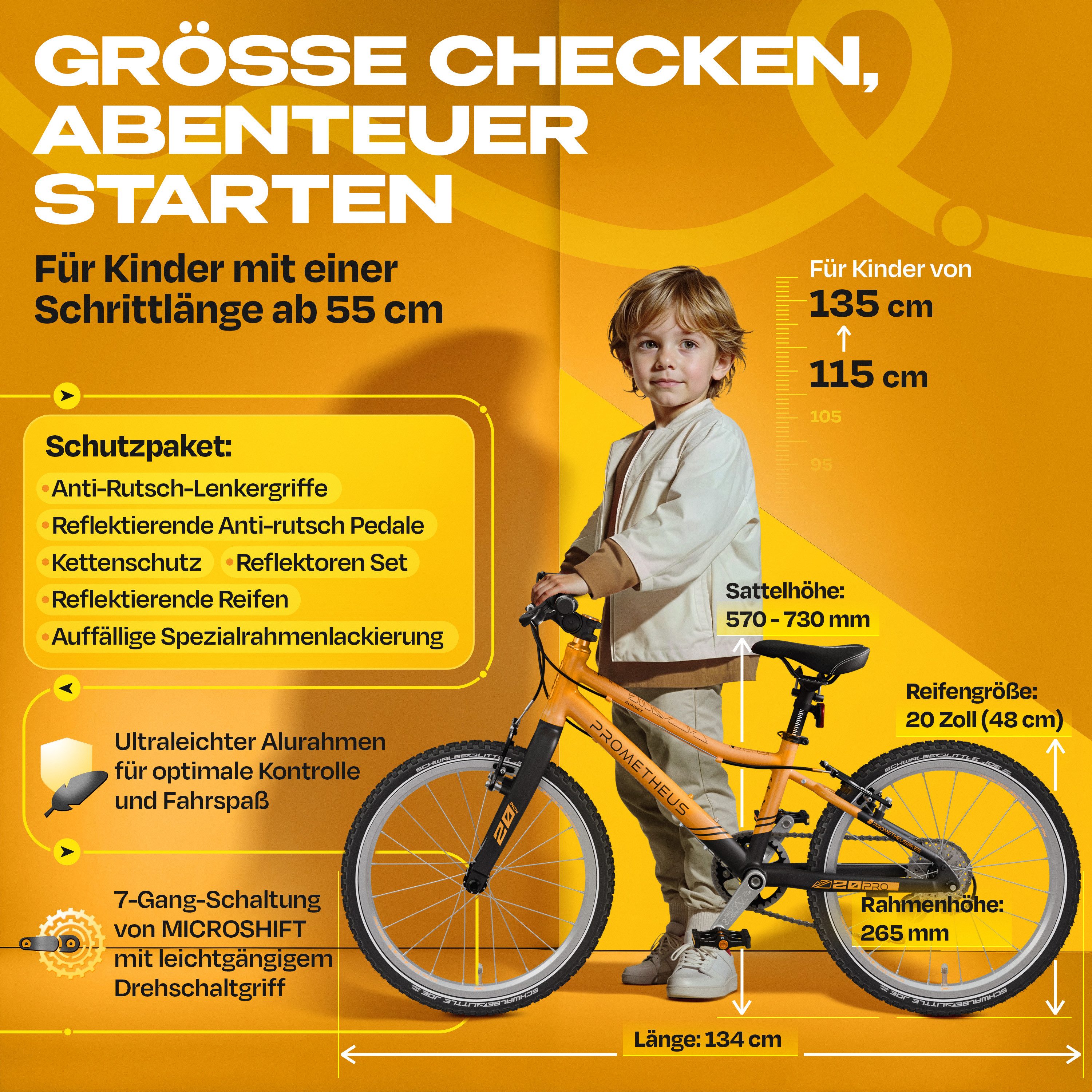 PROMETHEUS BICYCLES Kinderfahrrad PRO 20 Zoll ab 6 Jahre, 7 Gang microSHIFT, Kettenschaltung, PREMIUM ultralight (7.7 kg) AA-6061 Alurahmen V-Brakes SCHWALBE Reifen