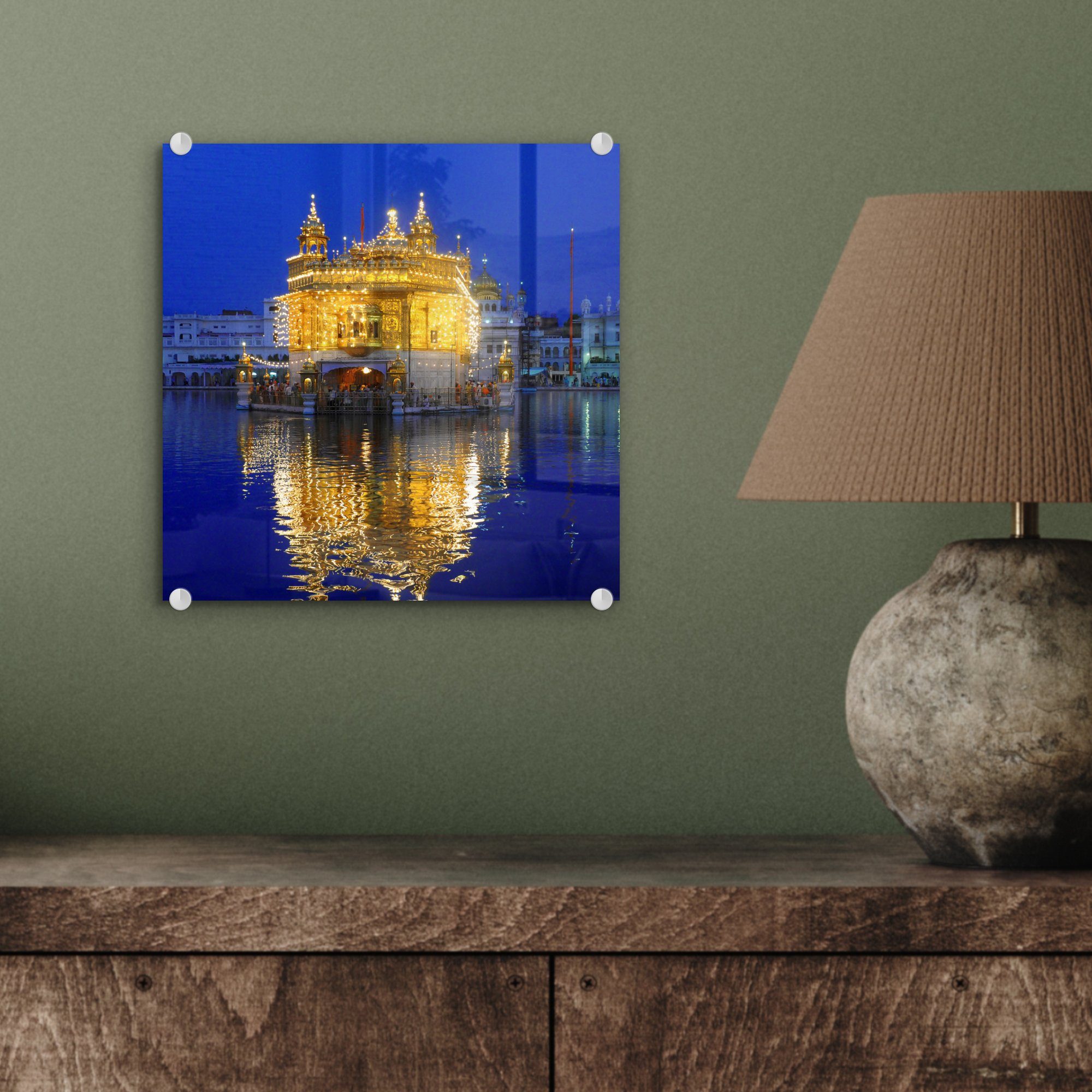 auf St), Bilder Glasbilder am Wanddekoration Acrylglasbild - Harmandir - beleuchtete auf Foto - Glas Abend, Sahib-Tempel MuchoWow Der (1 Glas Wandbild