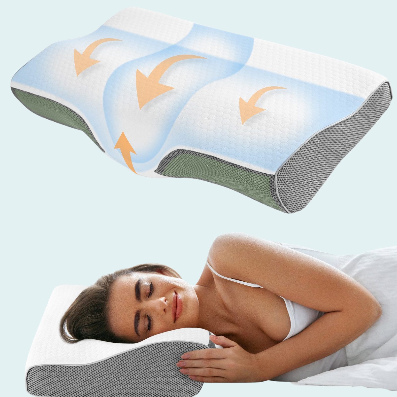 Elegear Nackenstützkissen nackenkissen orthopädisch, kopfkissen nackenschmerzen, schlafkissen, Füllung: Memory Foam, Seitenschläfer, Bauchschläfer, Rückenschläfer, 60 x 34cm Ergonomisches Schlafkissen mit Kissenbezug