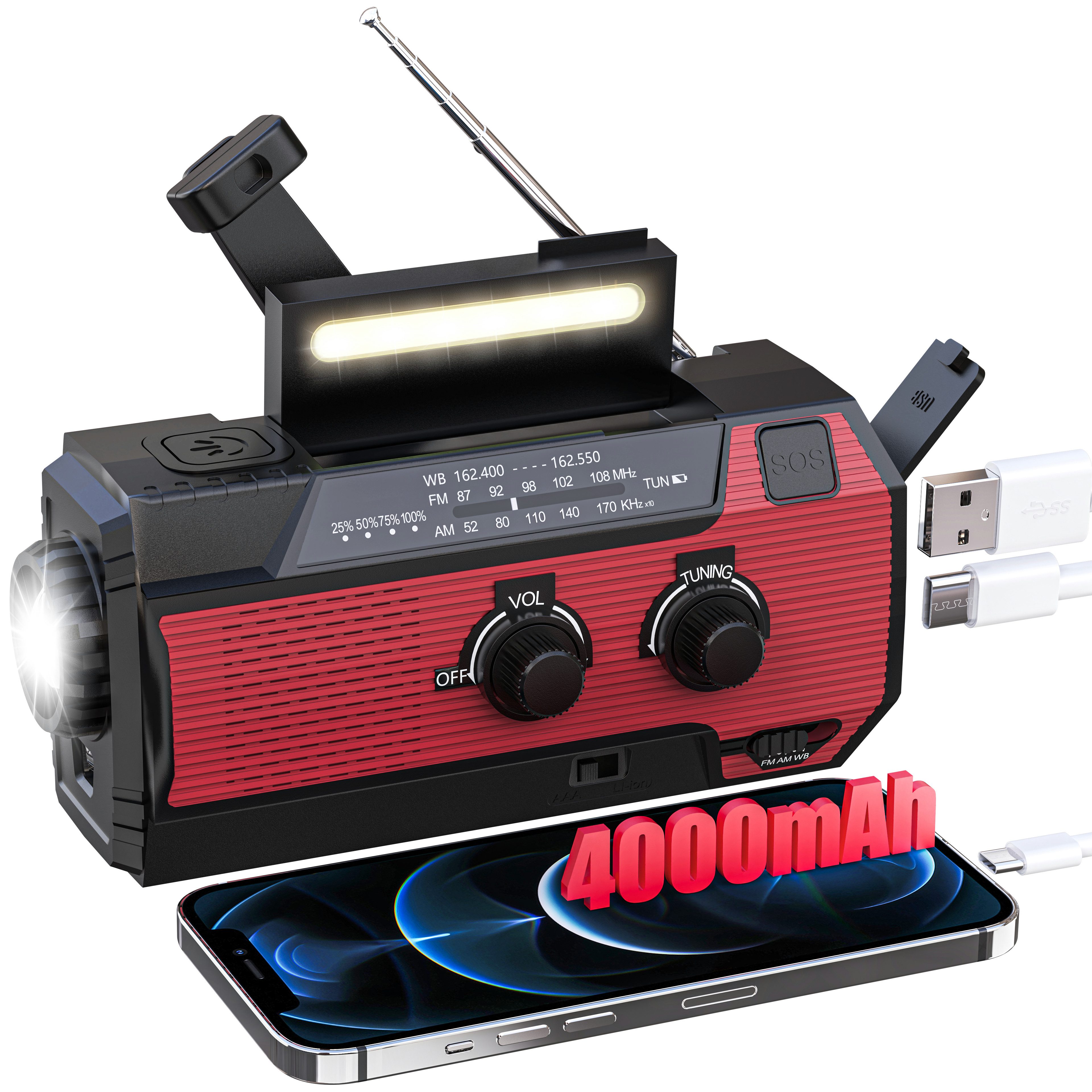 Solarbaby Notfallradio mit AM/FM Funktionen,4000mAh Akku Camping/Wandern/Outdoo Notfallradio