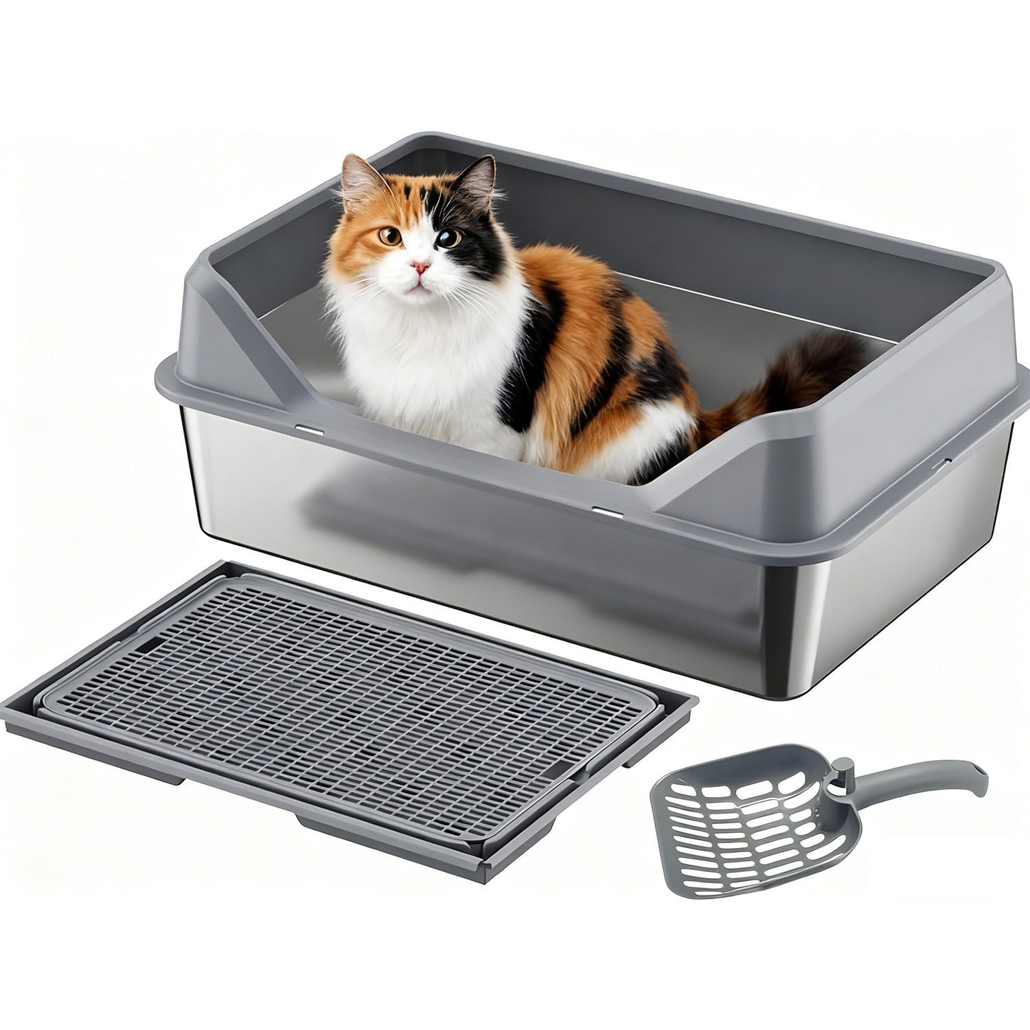 SURFOU Katzentoilette Edelstahl Katzentoilette Stainless Steel Litter Box 50 x 35 x 20cm, mit Katzenstreumatte Katzenstreu High-Sided Katzenklo Edelstahlklo