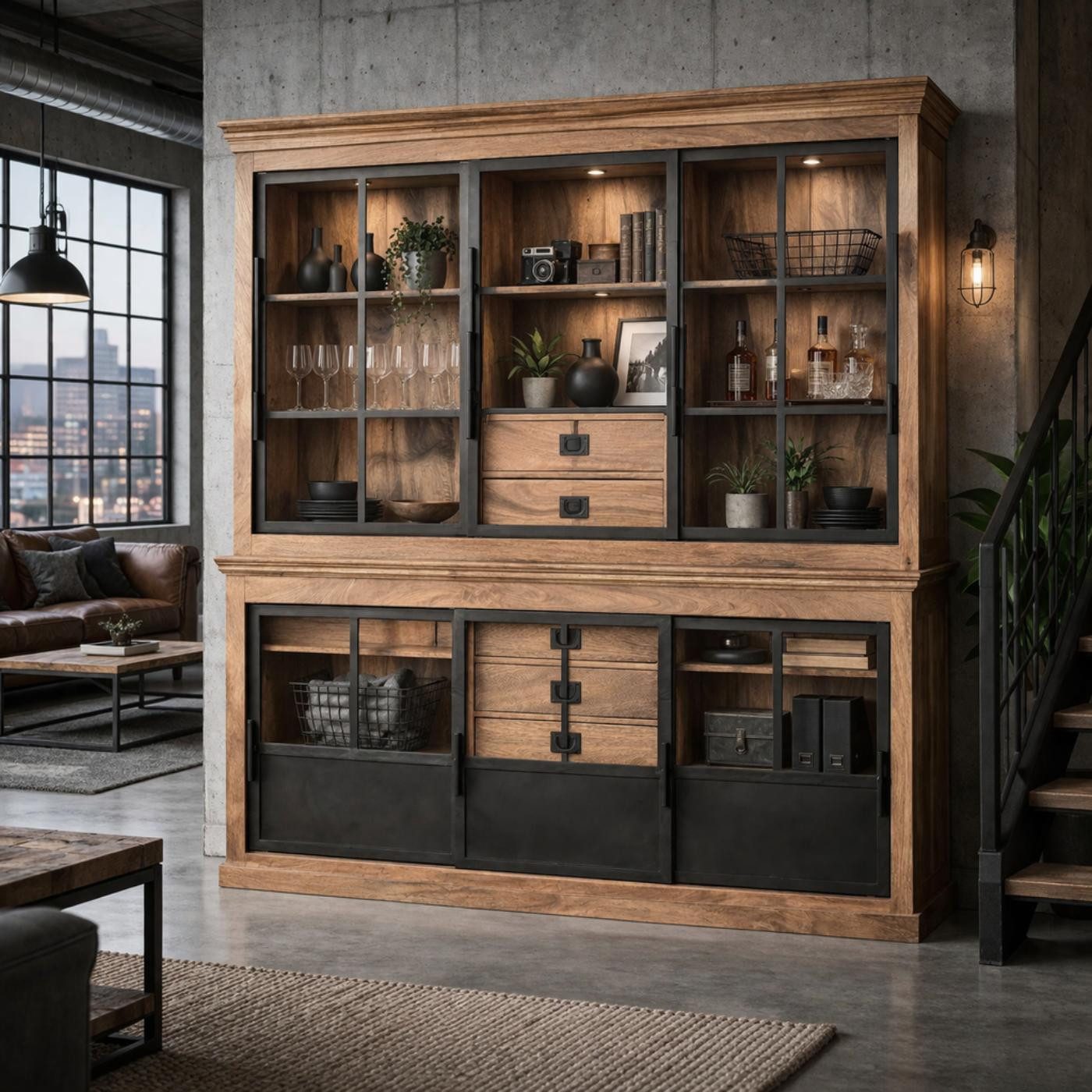 baario Buffet Buffetschrank HOXT Industrial Geschirrschrank 180cm massiv Mangoholz & Eisen Vitrine
