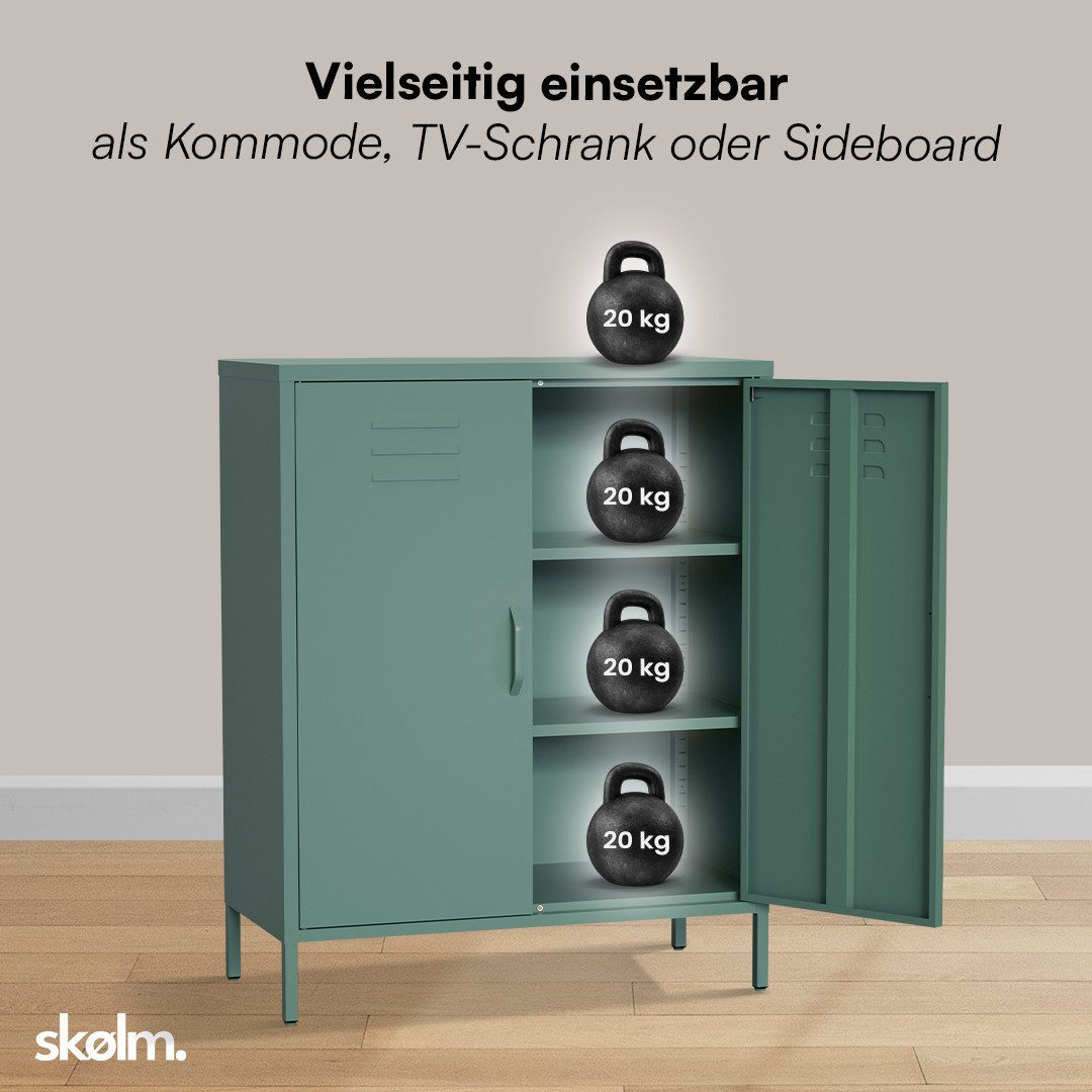 skølm Kommode Atria aus Metall (Dunkelgrün, 3 Fächer), höhenverstellbare Böden, Highboard auch verfügbar mit Schubladen