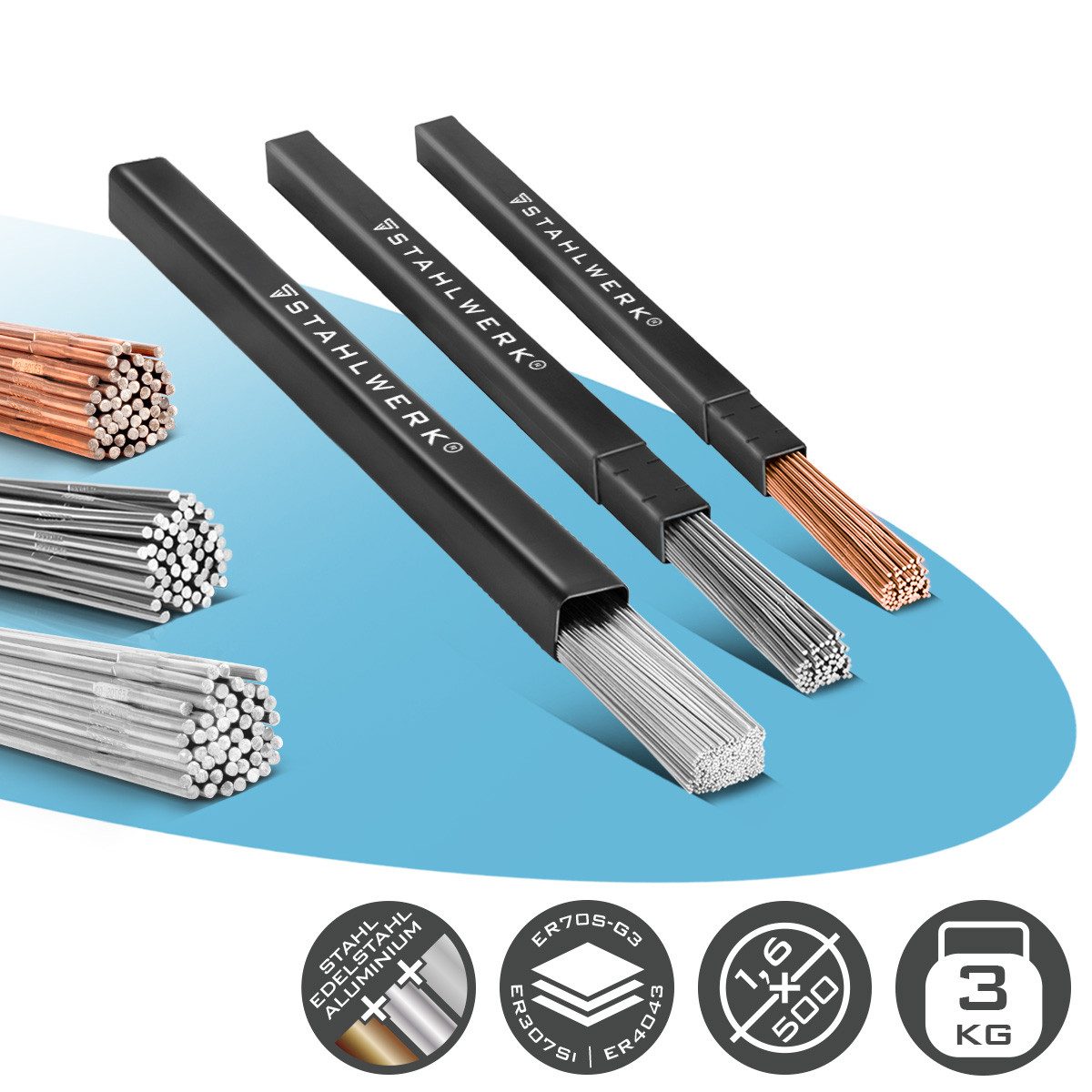 STAHLWERK Stabelektroden 1,6 mm WIG Schweißstäbe Stahl/Edelstahl/Alu je 1kg, (Packung), Länge von 500 mm und einen Durchmesser von 1,6 mm.